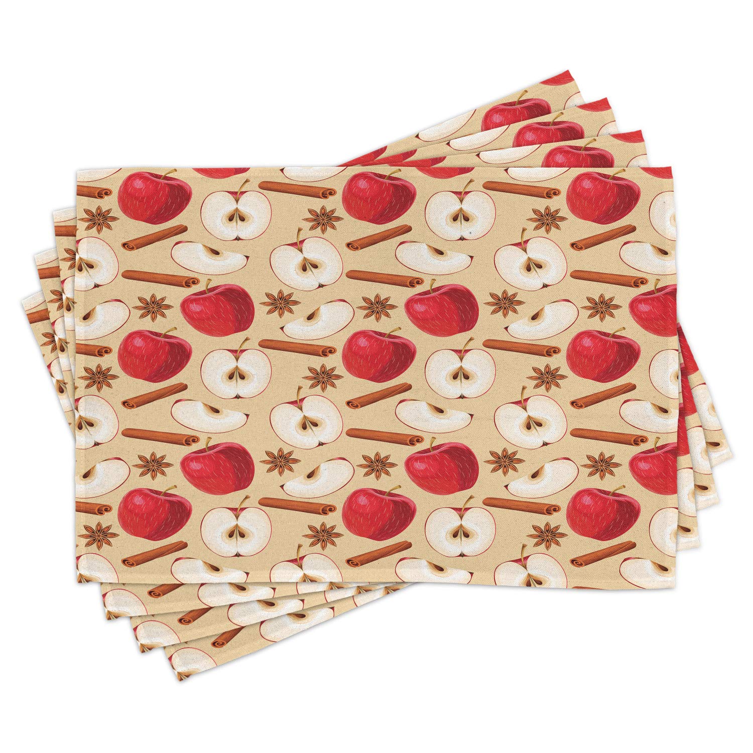 Ambesonne Apple Place Mats Set of 4 - Quartered & Halved Apples with Cinnamon Sticks Design, Washable Fabric Table Mats for Dining Room & Kitchen Decor (Beige Cinnamon Red) - Perfect for Fall Decorations, Thanksgiving Dinner & Cozy Family Gatherings
