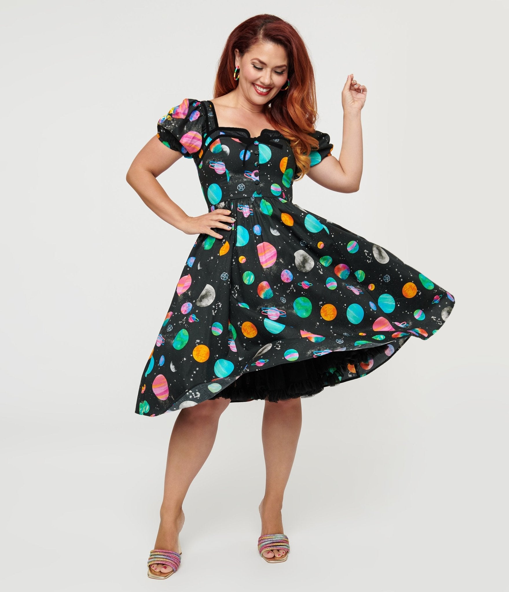 Vintage 1940s Black Planet Print Button Front Dress - Retro Style Swing Dress for Women, Perfect for Cosplay, Themed Parties & Vintage Fashion Lovers
