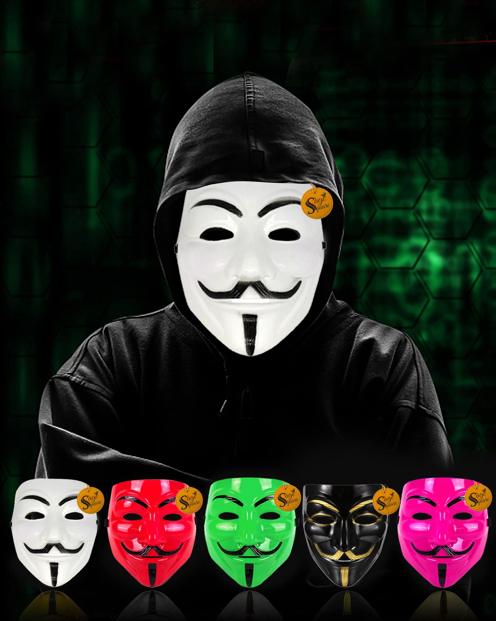 V for Vendetta Anonymous VIP Edition Face Mask Set of 5 - Sage Square, Black, White, Red, Green & Pink Fawkes Masks - Perfect Fit for Cosplay, Halloween, Protests & Movie-Themed Events