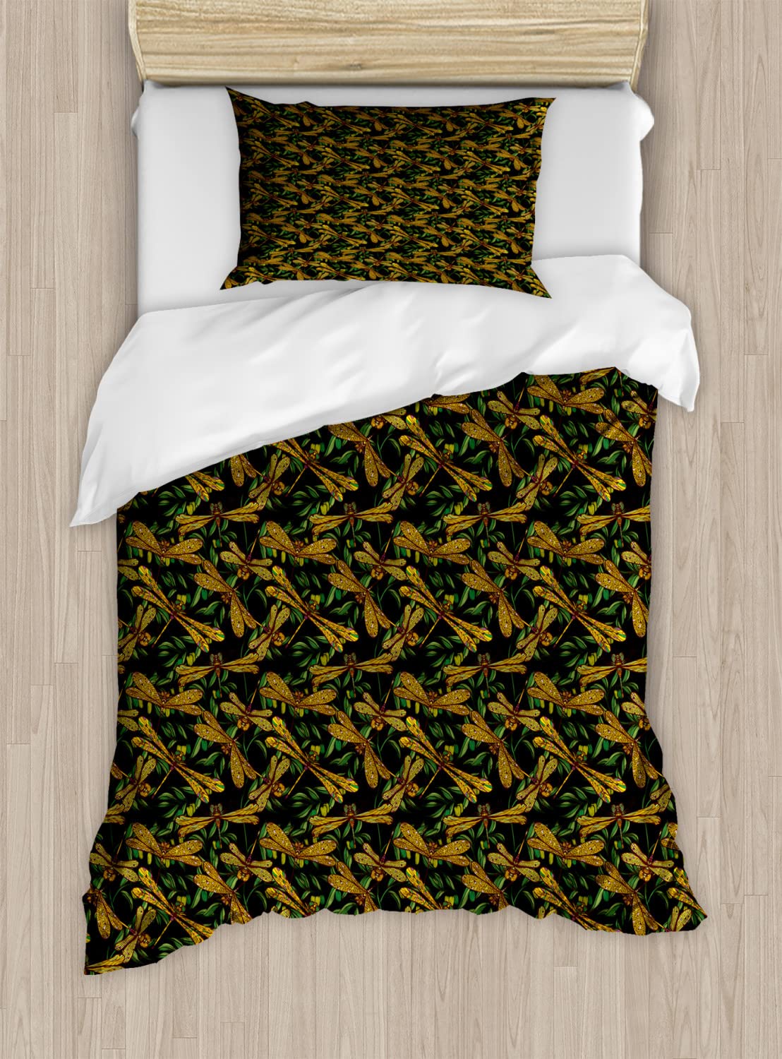 Ambesonne Dragonfly Duvet Cover Set - Twin Size 2-Piece Set with 2 Duvet Covers & 2 Pillowcases, Mediterranean Nature Design Featuring Dragonflies and Olive Branches in Multicolor - Perfect for Kids' Rooms, Guest Bedrooms, and Bohemian Home Decor