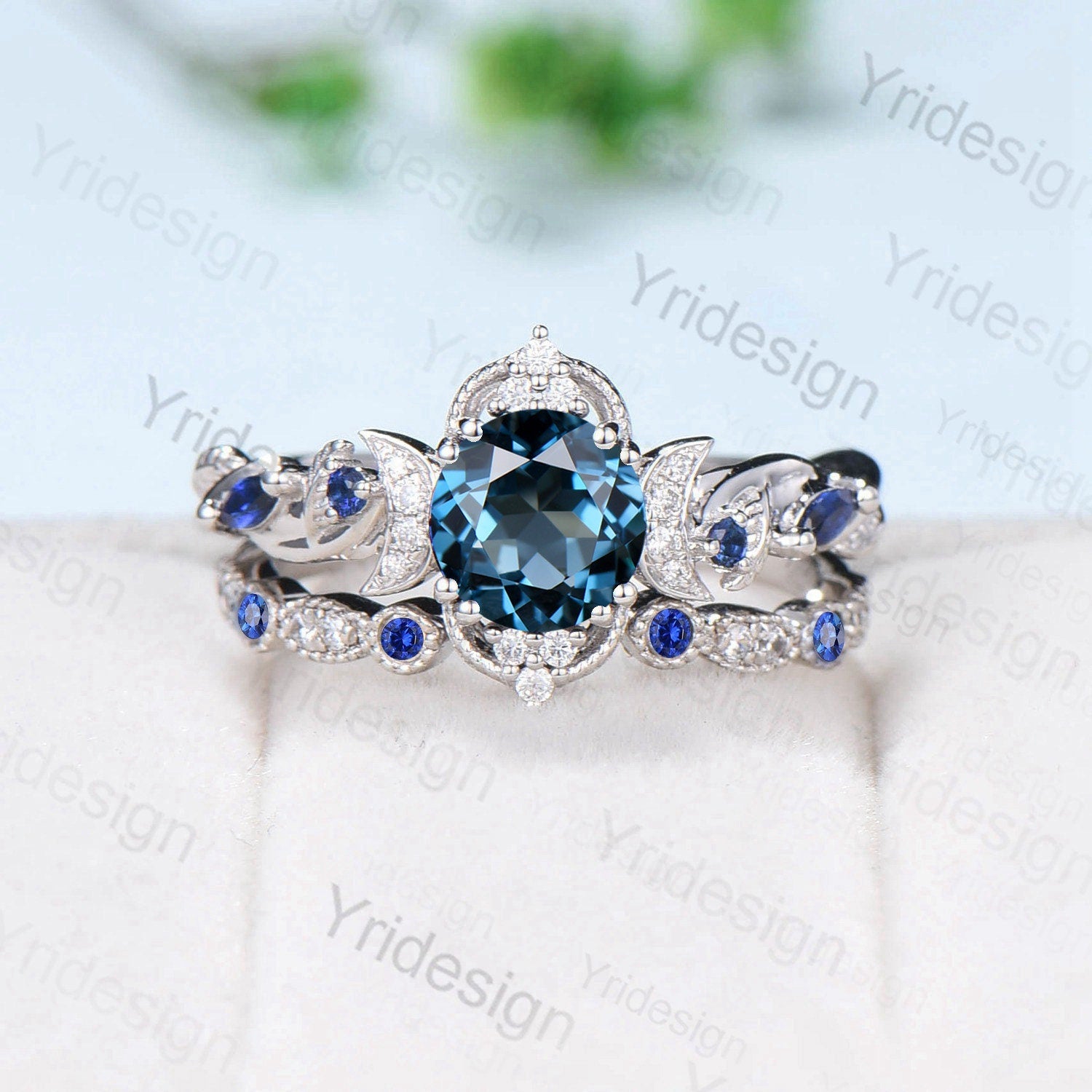 London Blue Topaz Engagement Ring Set for Women – Nature Inspired Art Deco Wedding Ring with Open Gap Sapphire Accents | Perfect for Bridal, Anniversary & Special Occasion Gifts