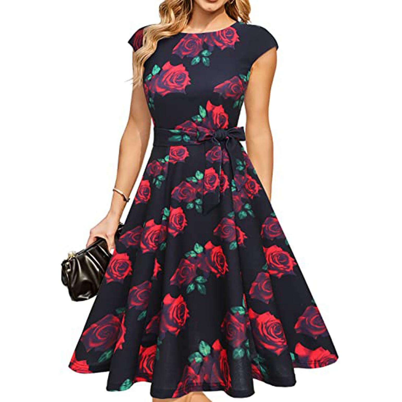 Elegant Floral Print Vintage A-Line Dress for Women - Wedding Guest, Party & Special Occasion Outfit - Round Neck Slim Fit Casual Dress