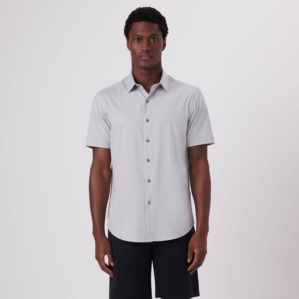 Bugatchi Ooohcotton Miles Men's Short Sleeve Sport Shirt - Silver | Breathable Casual Button Down Shirt for Golf, Travel & Summer Outfits