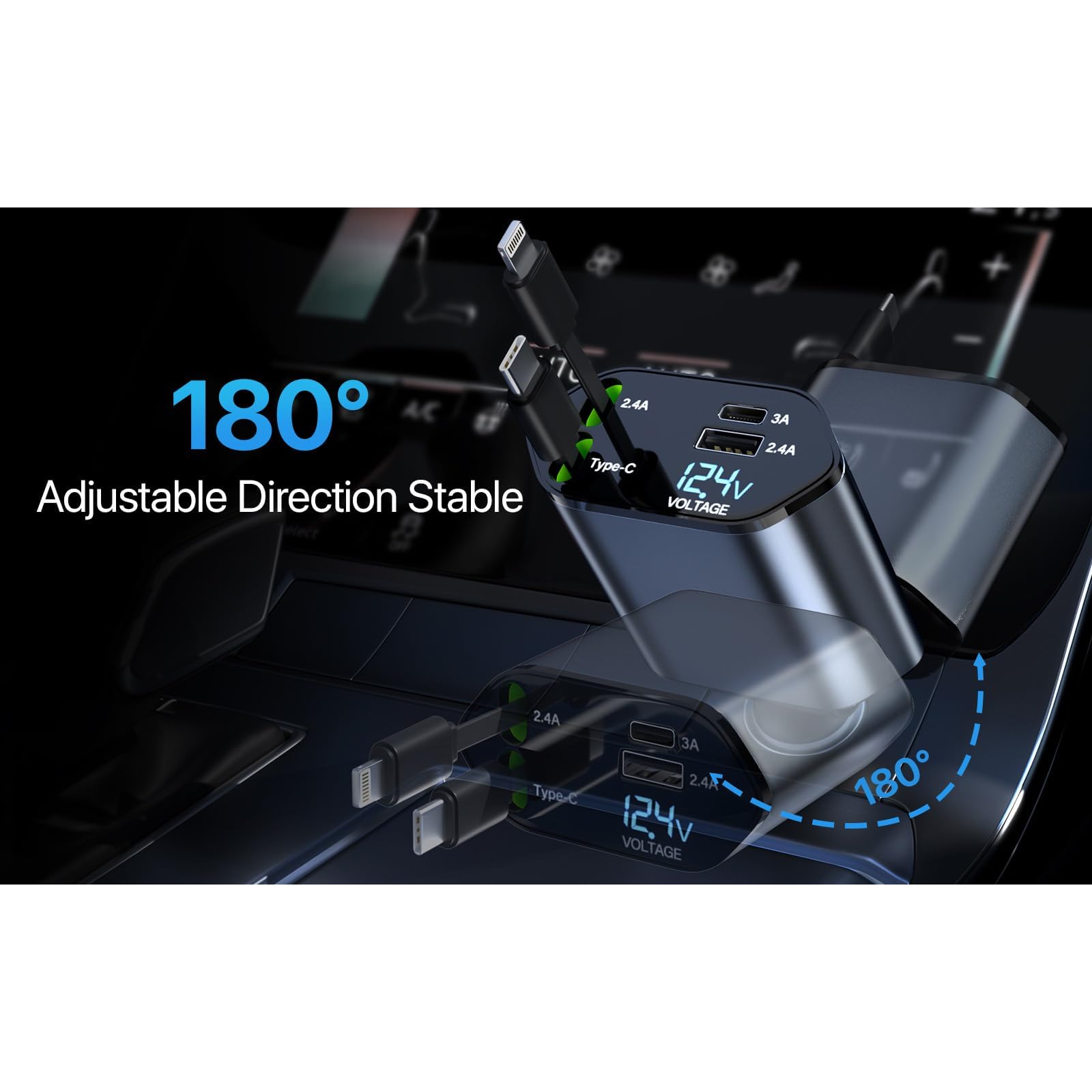 Fast Charging Retractable Car Charger - 4-in-1 Dual USB Port Adapter with 31.5