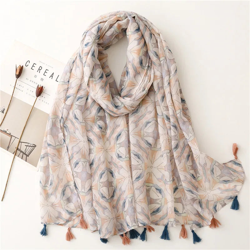 2023 Fashion Paisley Abstract Floral Tassel Viscose Shawl Scarf - Women's Lightweight Pashmina Wrap Stole & Muslim Hijab (180x90cm) - Perfect for Daily Wear, Office, Parties & Prayer