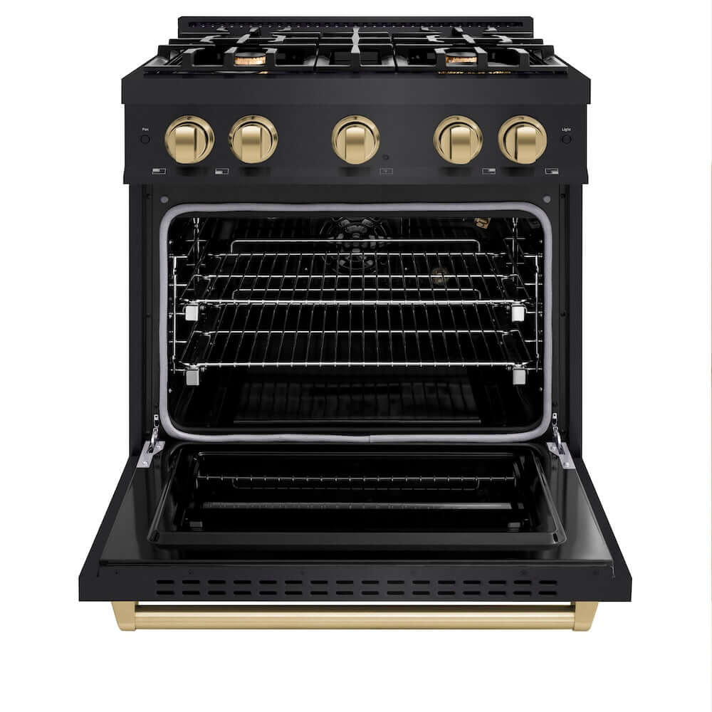 ZLINE Autograph Edition 30 Inch 4.2 cu ft Gas Range - 4 Burner Cooktop with Convection Oven - Black Stainless Steel & Champagne Bronze Accents (CGRBZ 30 CB) - Perfect for Modern Kitchens & Professional Home Chefs