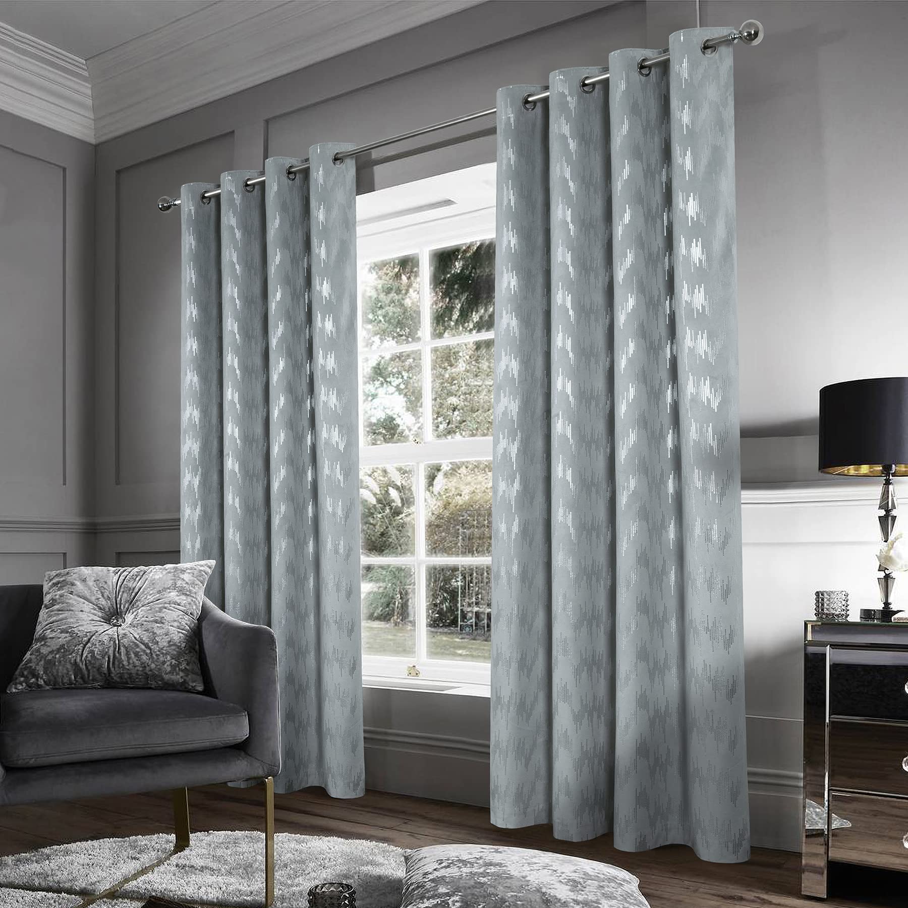 Always4u Soft Velvet Silver Foil Print Window Curtains - 63 Inch Length Luxury Sequins Grommet Blackout Drapes for Living Room & Bedroom (2 Panels Set) - Elegant Home Decor for Privacy & Light Control