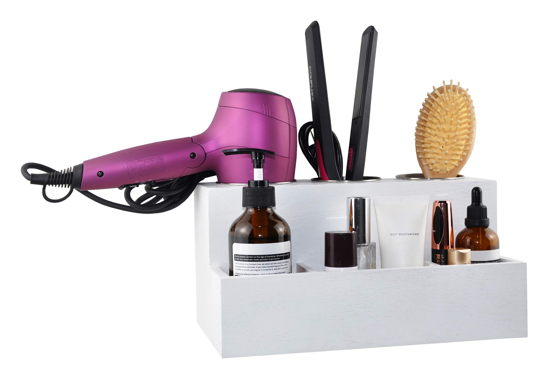 Spiretro Wooden Hair Tools Organizer - White Vanity & Bathroom Storage Holder for Blow Dryer, Straightener, Curling Wand & Brushes - Wall Mount or Countertop - Perfect for Salon, Home & Travel Use