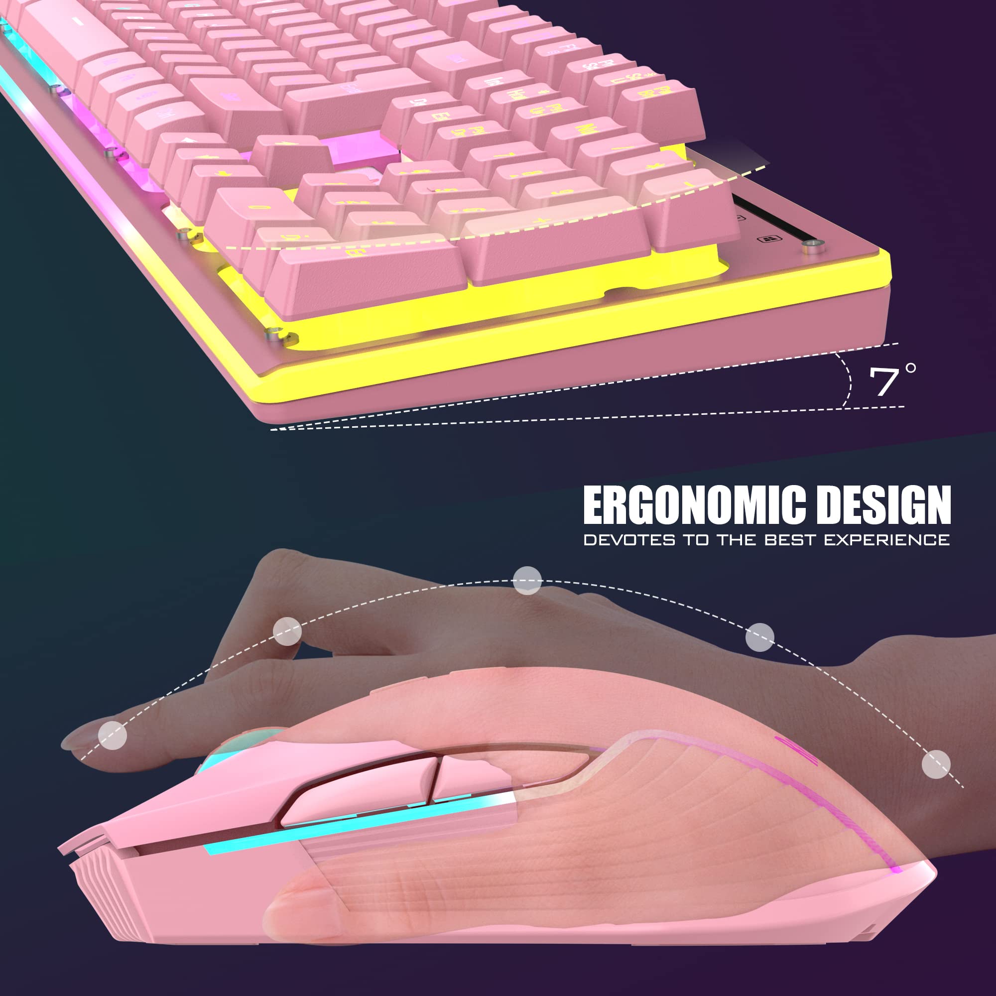 RedThunder K10 Wireless Gaming Keyboard & Mouse Combo - LED Backlit, Rechargeable for PC Gamers (Pink) - Perfect for Esports & Late Night Gaming