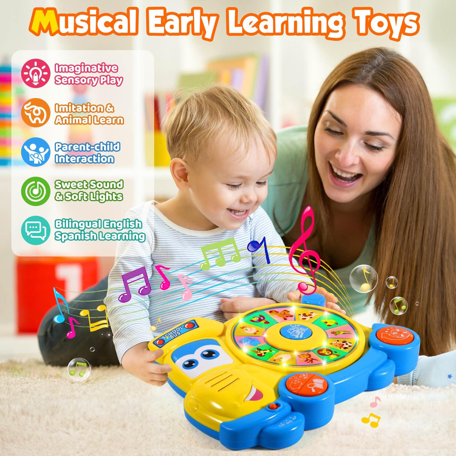 Bilingual English Spanish Learning Toys for Babies 6-18 Months | Musical Educational Toddler Toys 1-3 Years | Interactive Spin & Learn School Bus Toy for 1+ Year Old Boys & Girls | Perfect for Early Childhood Development & Birthday Gifts