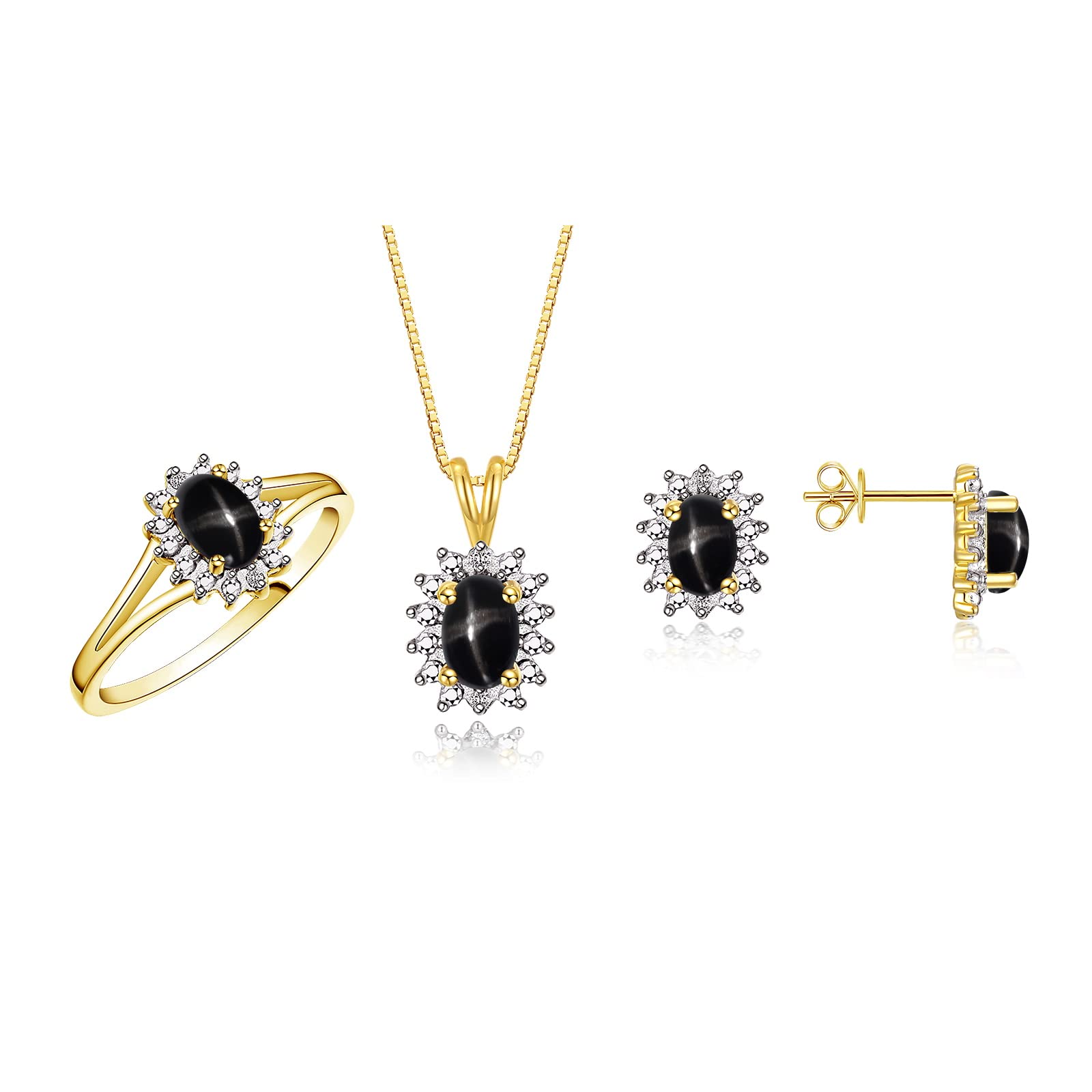 Rylos Women's Birthstone Jewelry Set - 6X4MM Yellow Gold Plated Silver Ring, Earring & Pendant Necklace with Genuine Diamonds | Perfect Gift for Friendship, Anniversary & Special Occasions | Sizes 5-10