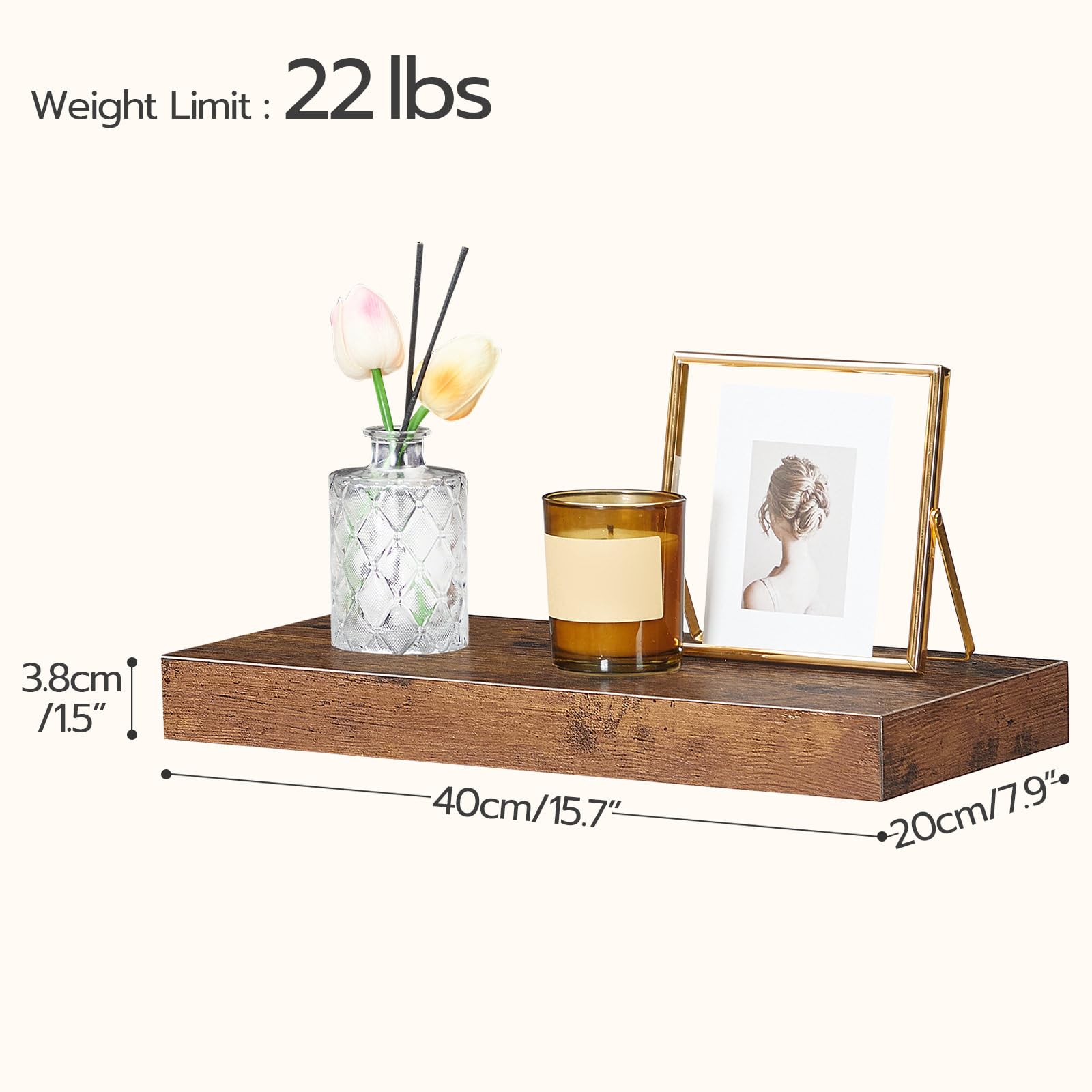 HOOBRO 2-Pack 15.7 Inch Floating Wall Shelves with Invisible Brackets - Rustic Brown Wooden Shelves for Bathroom, Bedroom, Kitchen Decor - Perfect for Home Office Storage & Displaying Photos, Plants, Books (Model BF40BJ01)