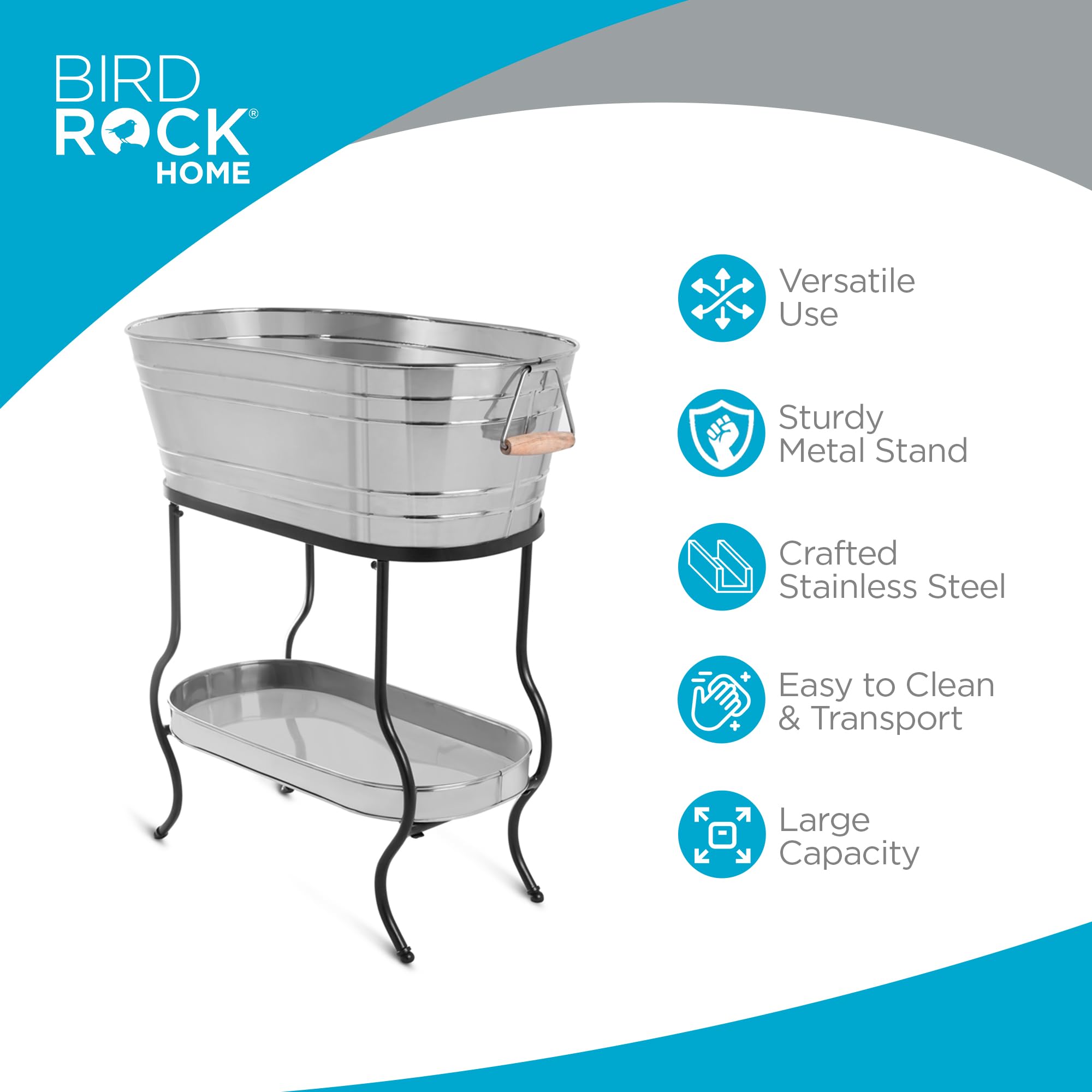 BIRDROCK Stainless Steel Beverage Tub with Stand & Wooden Handles - 5 Gallon Ice Bucket with Bottom Tray for Parties - Indoor/Outdoor Drink Cooler for Entertaining, BBQ, Poolside & Tailgating