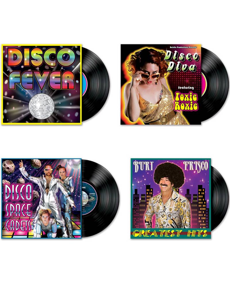 Vintage 70s Disco Album Wall Decor - Set of 4 Retro Music Record Cutouts for Home Bar, Man Cave & Party Decorations