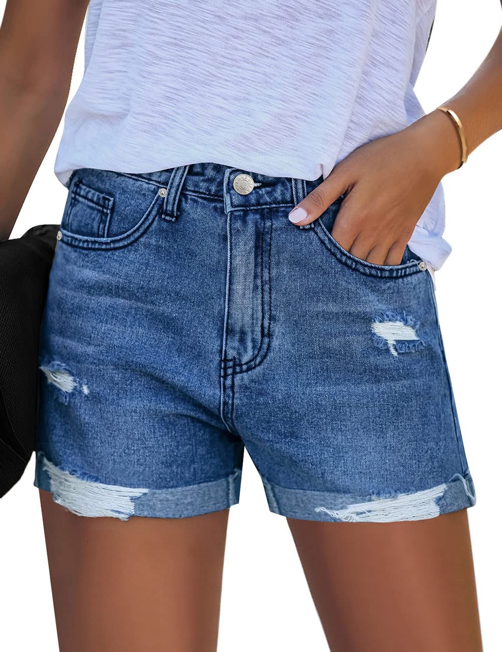 LookbookStore Women's High Waisted Distressed Denim Shorts - Ripped Rolled Hem Jeans for Casual Outfits, Summer Style & Streetwear Fashion