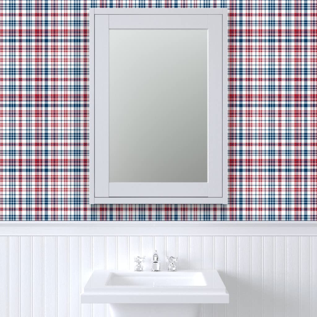 Commercial Grade Spoonflower Wallpaper 27ft x 2ft - Patriotic Plaid Navy Red USA Gingham with Stars & Stripes for July 4th Independence Day Decor | Perfect for Living Room, Bedroom, and Home Office Wall Covering