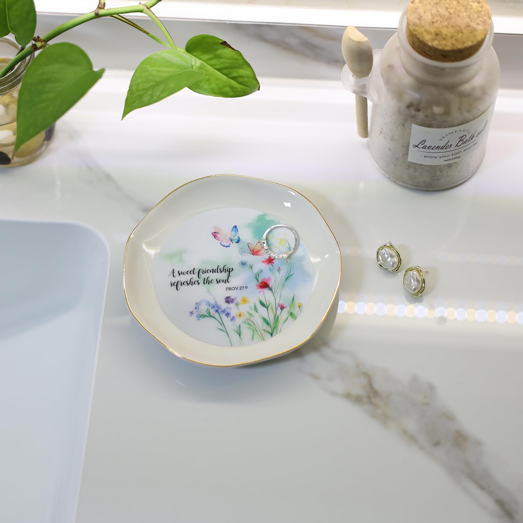 Dynamic Butterfly & Flower Pattern Jewelry Dish Tray - Christian Friendship Gift for BFF, Birthday, Wedding - Perfect for Home Decor & Soul Refreshment