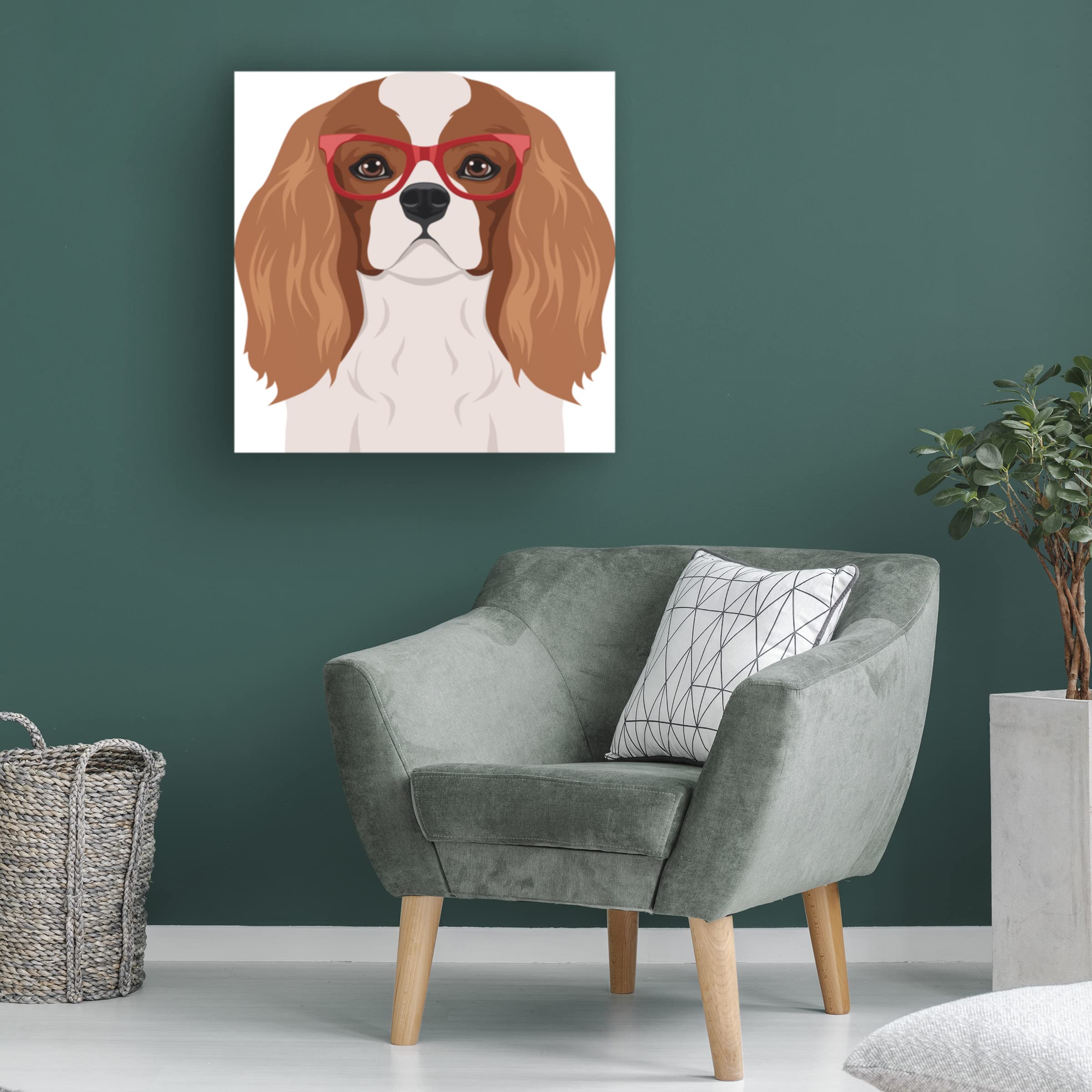 Cavalier King Charles Spaniel Wearing Hipster Glasses Canvas Wall Art - Modern Pet Portrait Painting for Living Room & Bedroom Decor - Funny Dog Gift for Pet Lovers