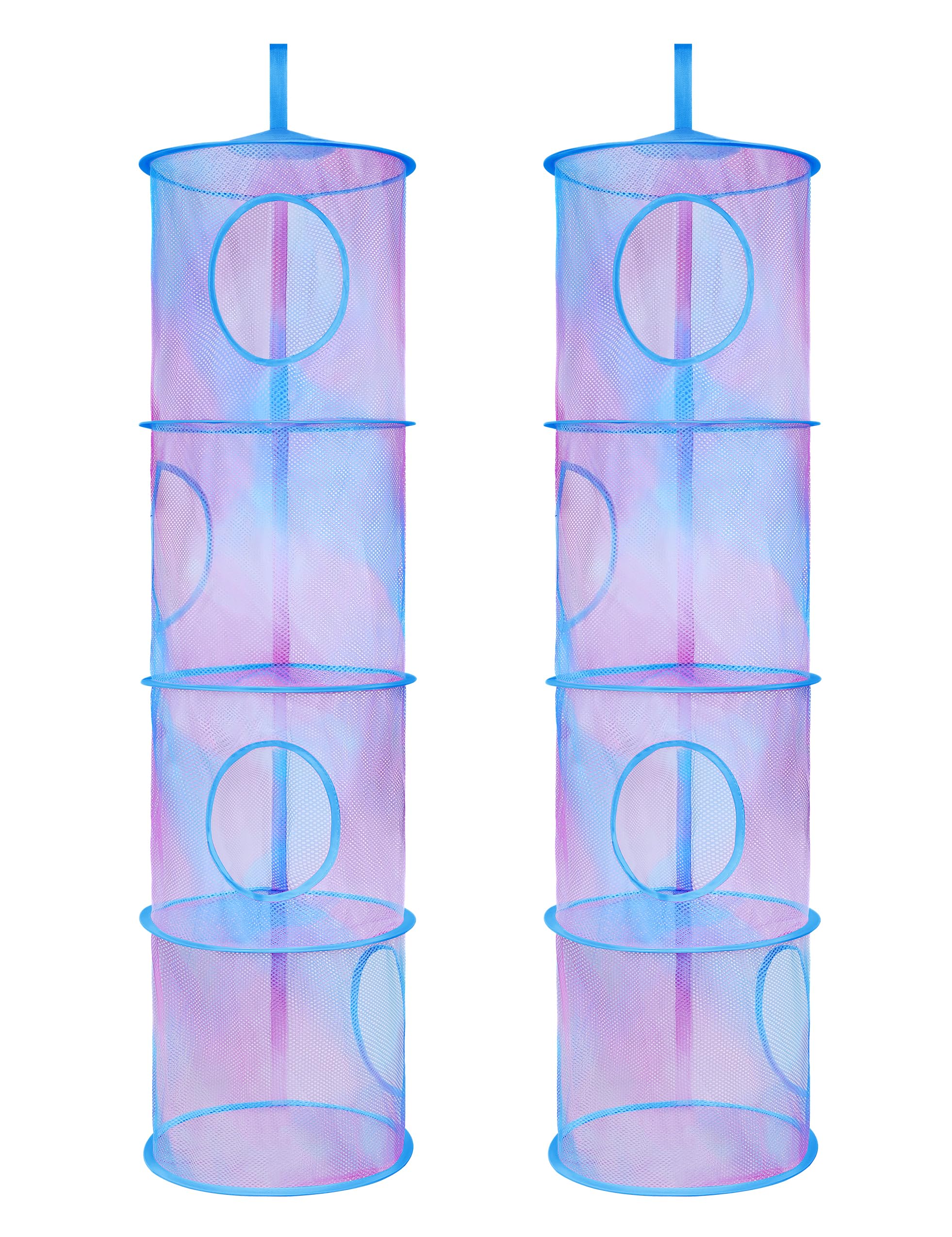 Coastal Rose 2-Pack Foldable Stuffed Animal Storage Net & Toy Hammock Organizer - 4 Compartment Hanging Mesh for Kids Room, Toys, Socks, Gloves & Hats (Pink Blue Tie Dye) - Perfect for Nursery, Playroom & Bedroom Organization