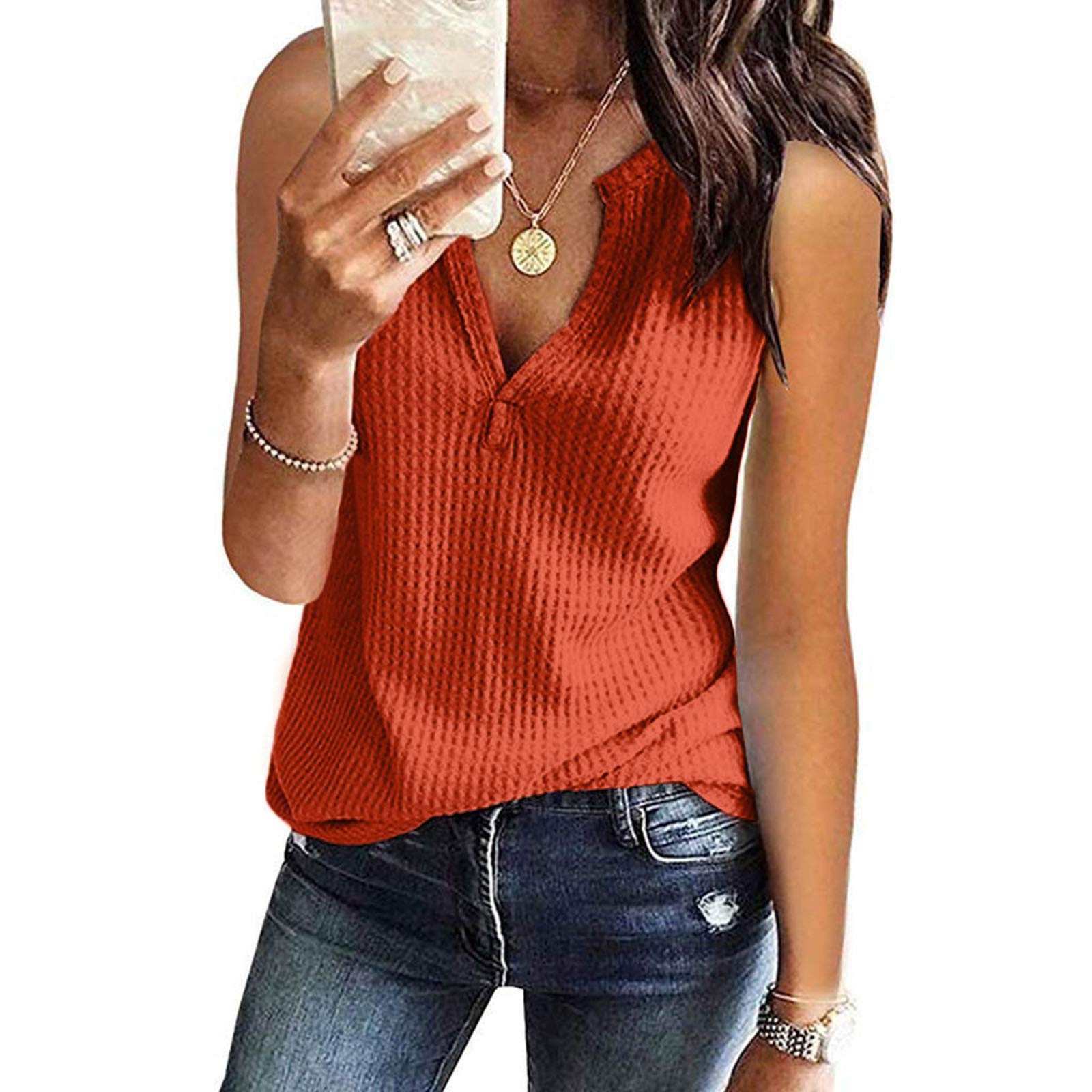 Plus Size Summer Tops for Women - Waffle Knit Tunic Tops, Casual V-Neck Sleeveless Henley Tank Tops - Perfect for Beach Outings, Vacation Wear & Summer Casual Outfits