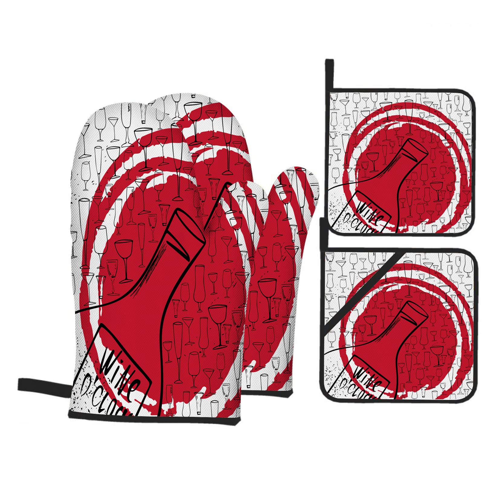 Nicokee Heat Resistant Oven Mitts and Pot Holders Set with Wine Glass & Bottle Design - Anti-Scalding Kitchen Accessories for Baking, BBQ, Cooking - Perfect for Home, Restaurant & Outdoor Grilling