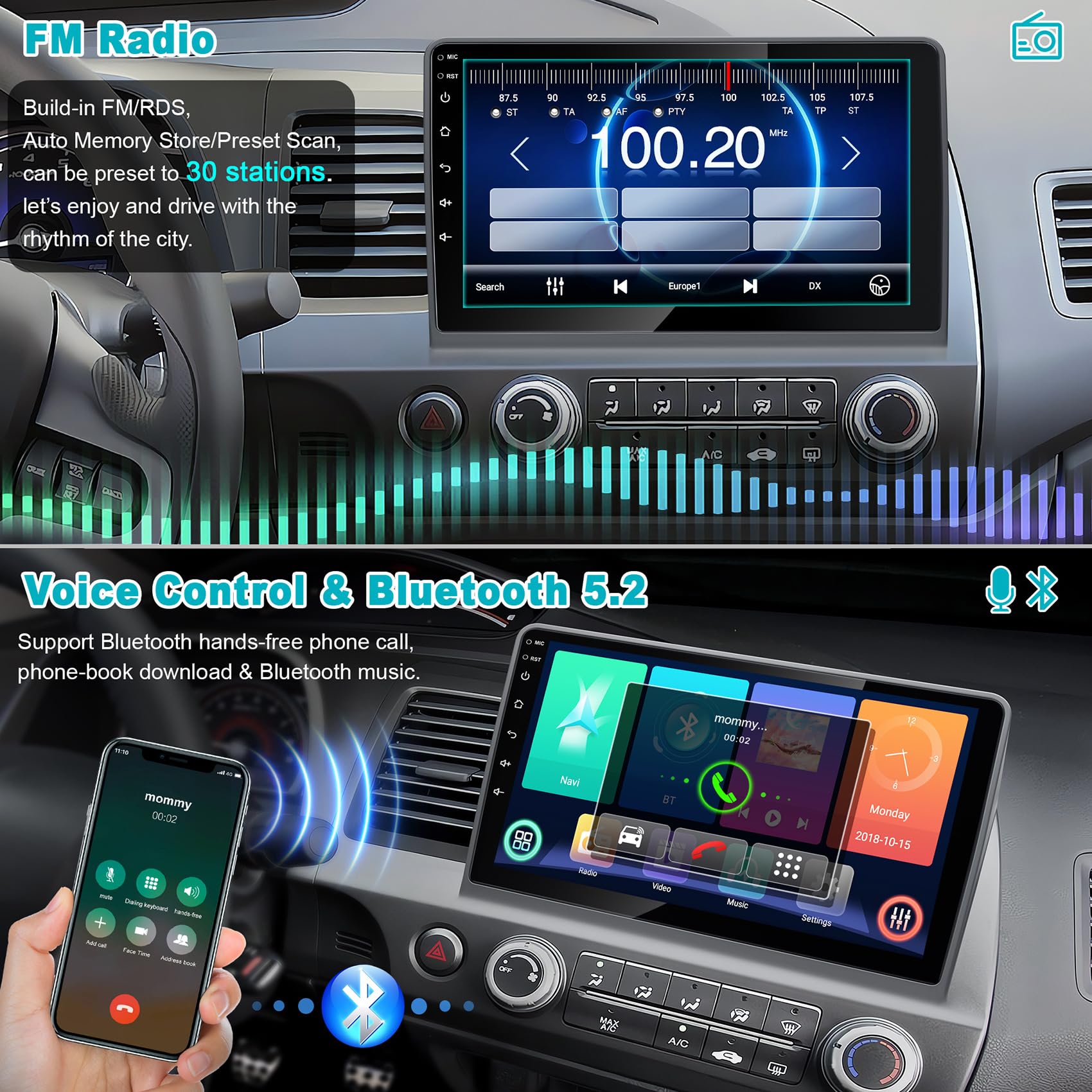 10.1 Inch IPS Touch Screen Car Stereo for Honda Civic 2006-2011 - 4G+64G Android Auto & Wireless CarPlay GPS Navigation System with Bluetooth 5.2/FM/Backup Camera/WiFi/SWC/HiFi - Perfect for Commuting, Road Trips & Hands-Free Driving