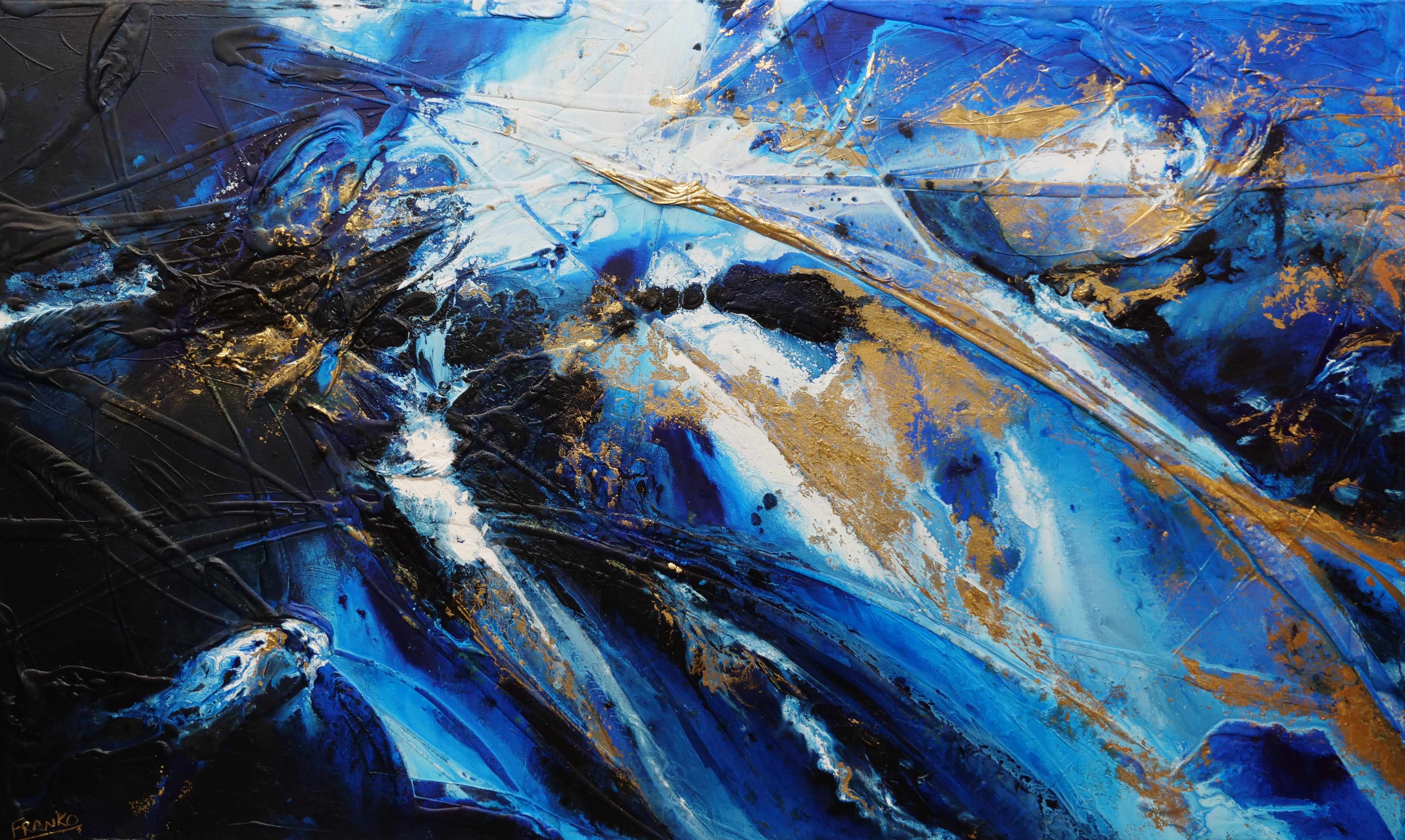 Golden Sapphire 200cm x 120cm Blue Gold White Textured Abstract Canvas Art - Modern Wall Decor for Living Room, Bedroom & Office