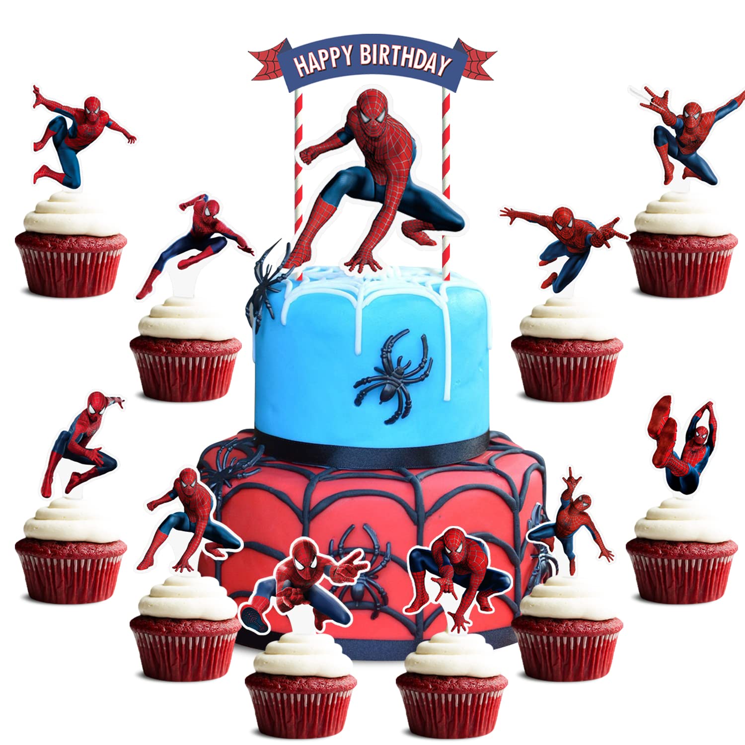 Spider-Man Cake Toppers Set of 22 - Superhero Birthday Cake Decorations for Cupcakes, Cakes & Desserts | Perfect for Kids' Birthday Parties, Superhero-Themed Events & Spider-Man Fans