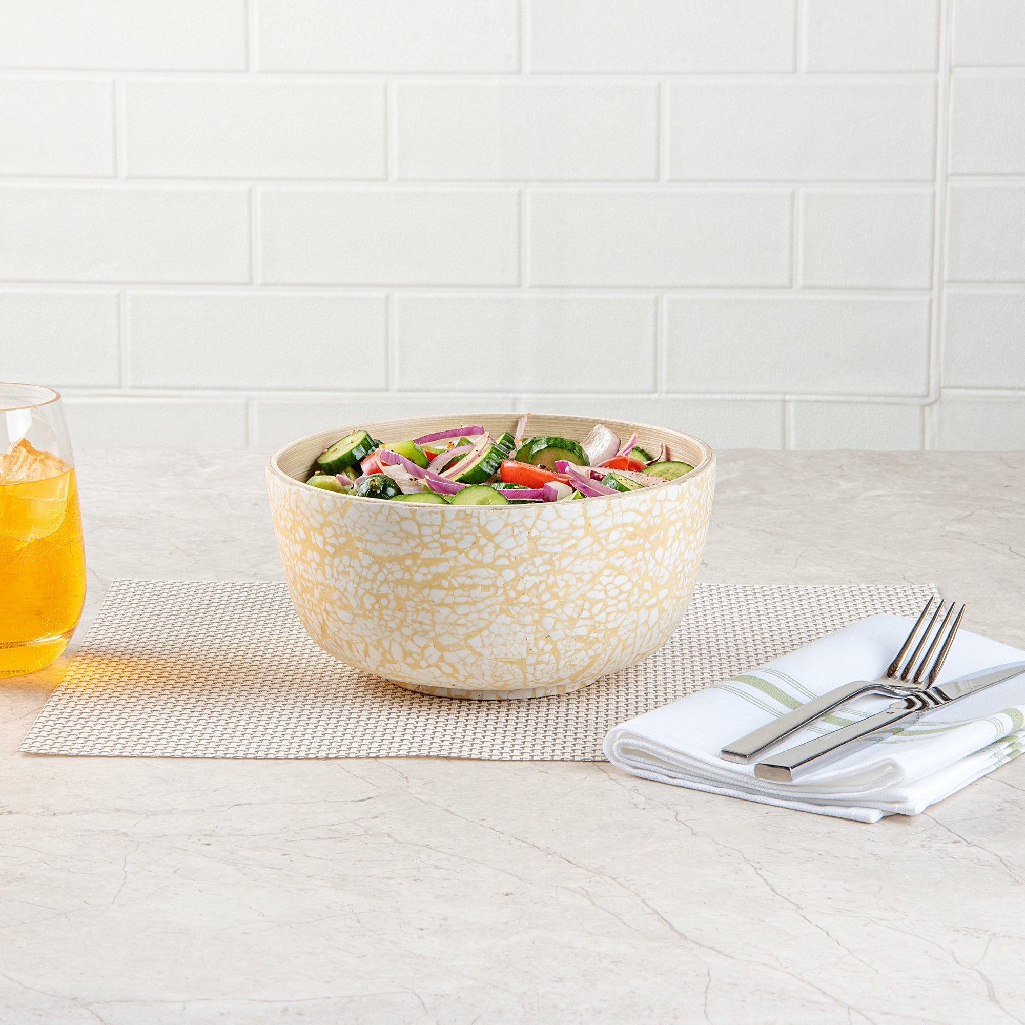 Bambuddha 15 oz Round Beige Spun Bamboo Small Eggshell Salad Bowl - 7.75