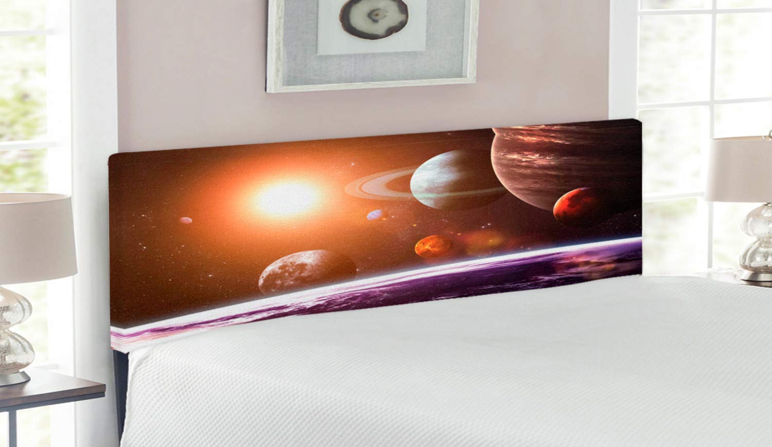 Ambesonne Galaxy Headboard - Space Theme Planets View from Earth, Sun & Moon Design, Upholstered Metal Bed Headboard with Memory Foam, Queen Size, Magenta Orange - Perfect for Science Themed Bedrooms & Astronomy Lovers