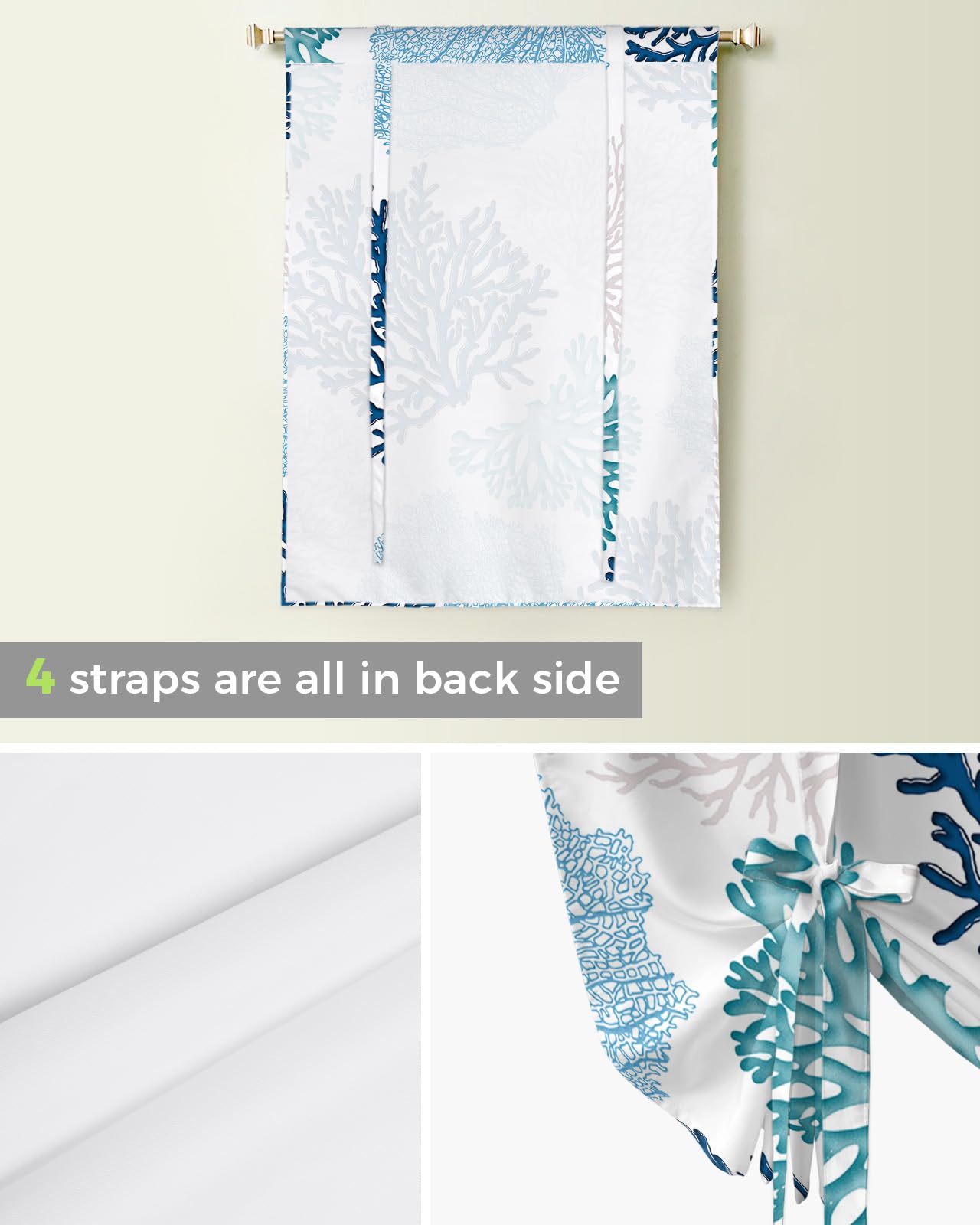 Tie Up Curtains for Windows - Blue White Geometric Abstract Design with Adjustable Rod Pocket, 42x54 Inch Balloon Window Shades for Bathroom & Kitchen | Perfect for Coastal Decor, Summer Beach House, and Marine-Themed Rooms