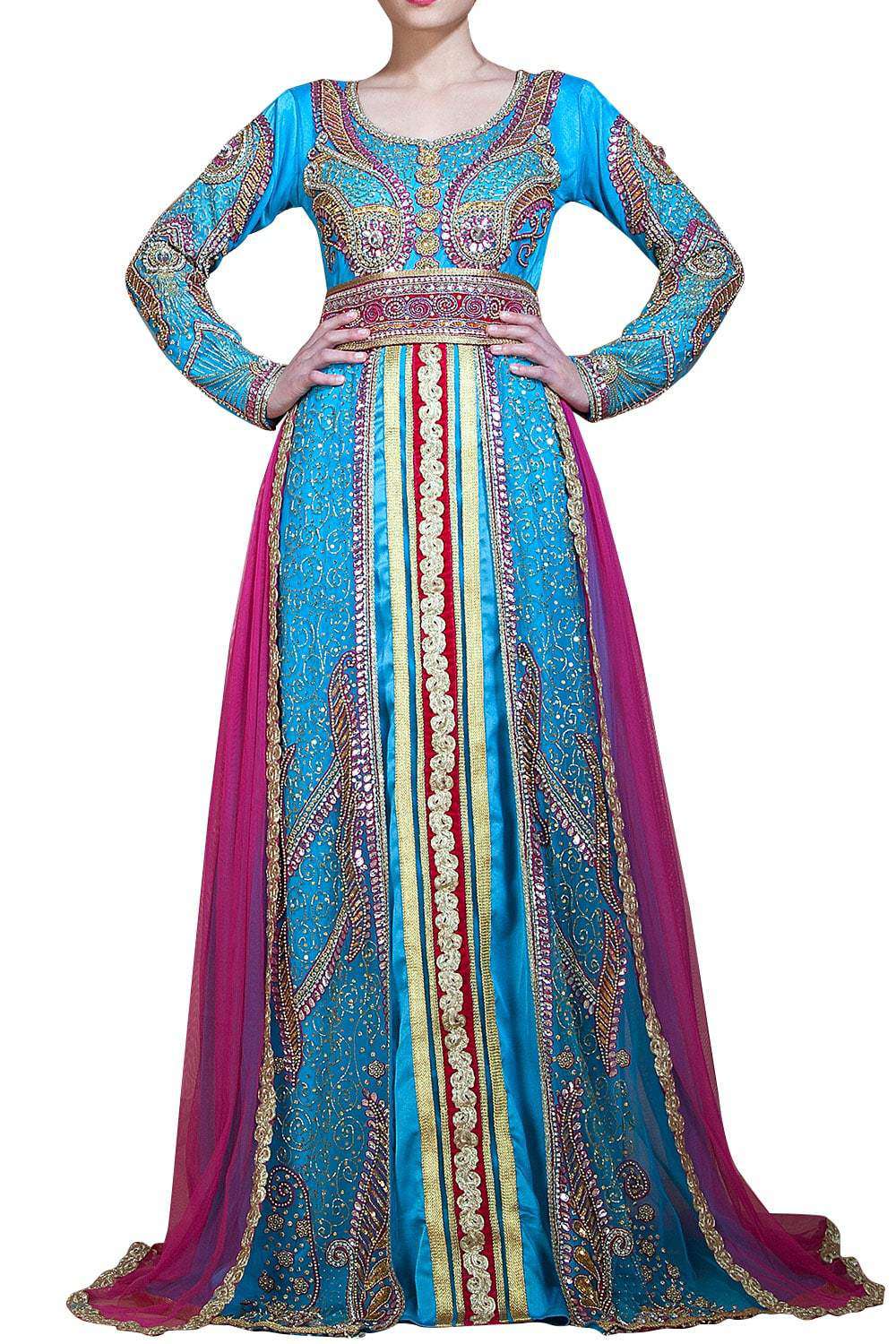 Elegant Arabic Long Sleeve Wedding Caftan - Ferozi & Dark Pink Designer Abaya for Bridal Ceremonies | Perfect for Weddings, Engagement Parties & Special Occasions