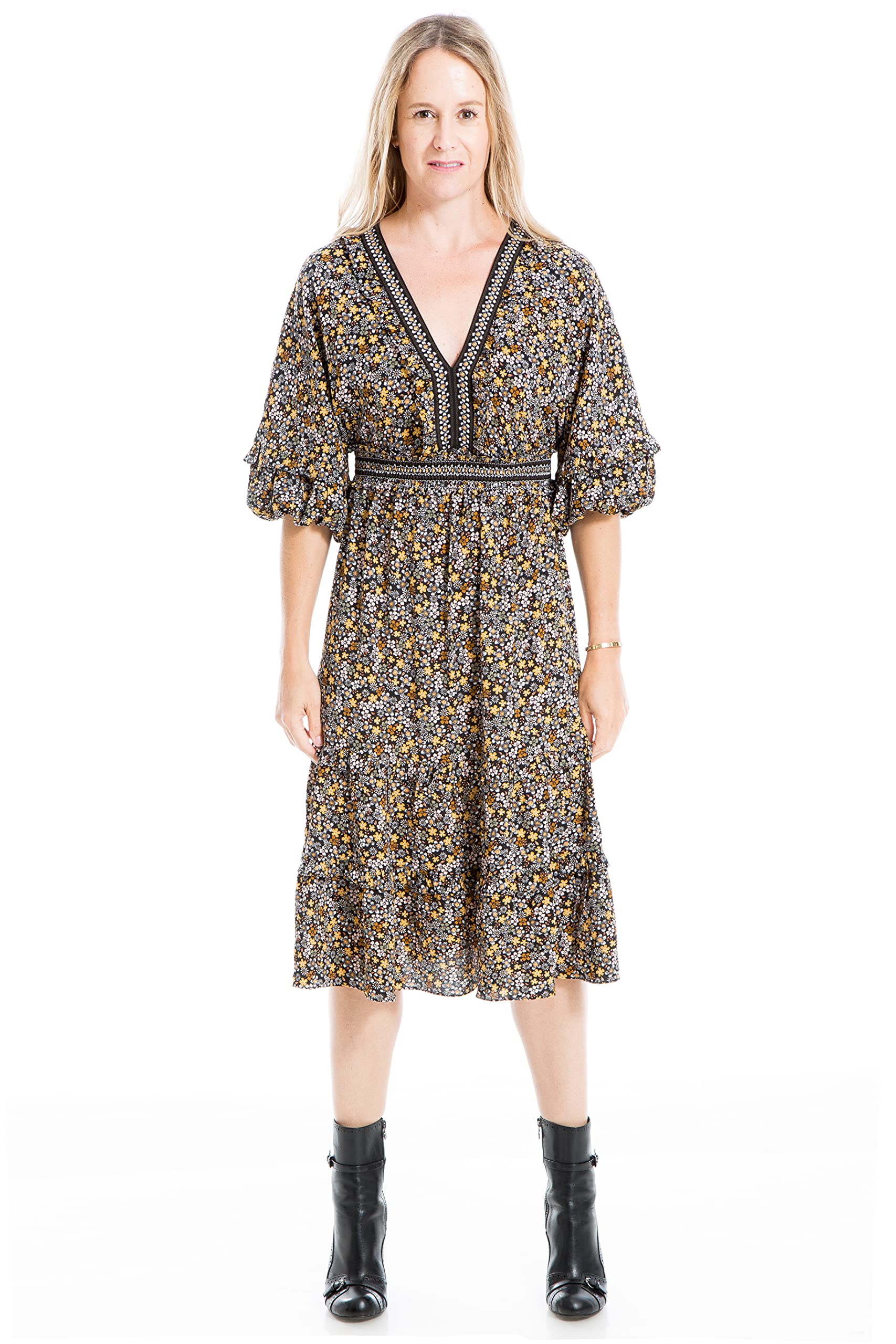 Max Studio Women's 3/4 Sleeve Tiered Bubble Crepe Dress - Elegant Flowy Midi Dress for Wedding Guest, Cocktail Party & Special Occasions