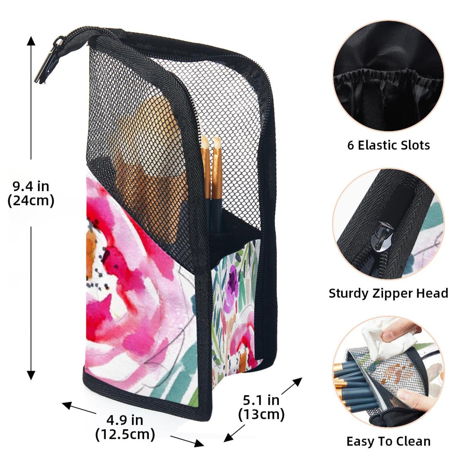 Watercolor Leaves Floral Makeup Brush Organizer Bag with 12 Brushes - Portable Cosmetic Brush Holder Case for Travel, Home & Professional Makeup Artists
