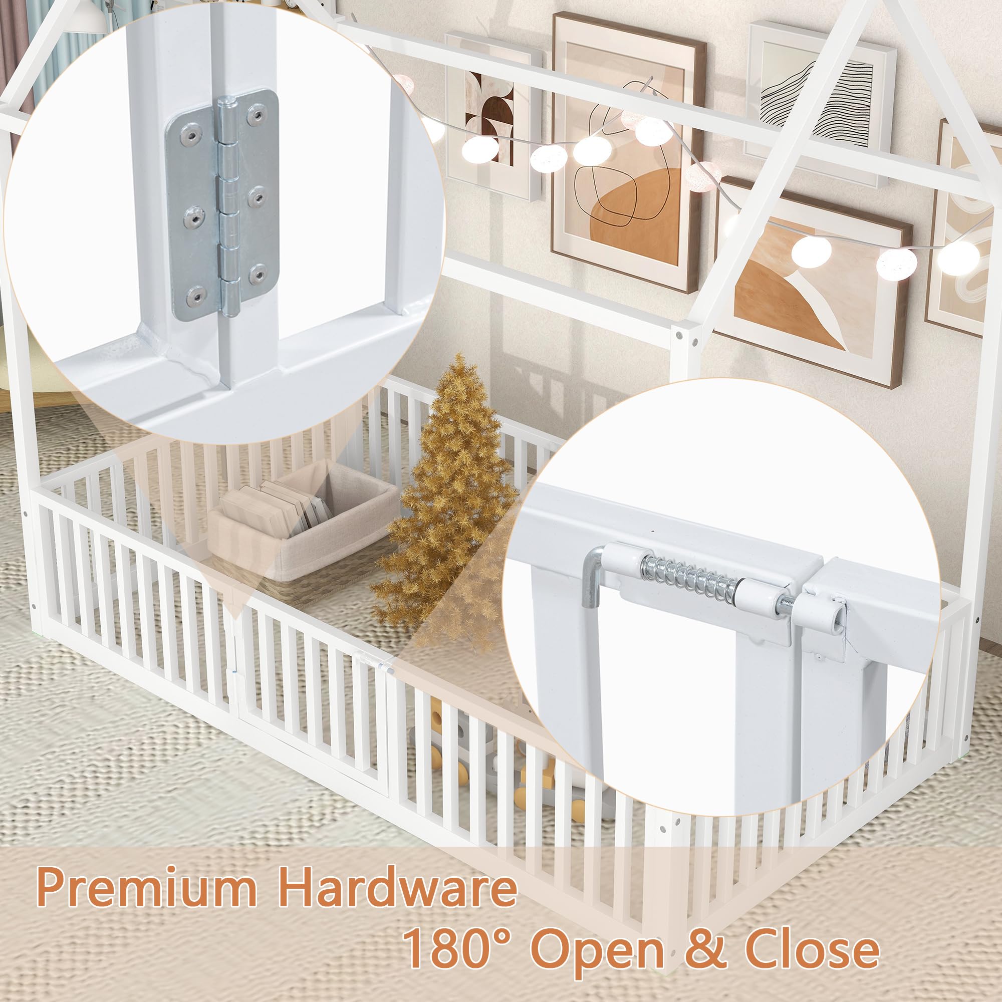 Bellemave Twin Floor Bed with Door and Fence - Montessori Kids Bed with Roof for Girls & Boys in White - Perfect for Toddler Rooms, Playrooms & Montessori Bedrooms