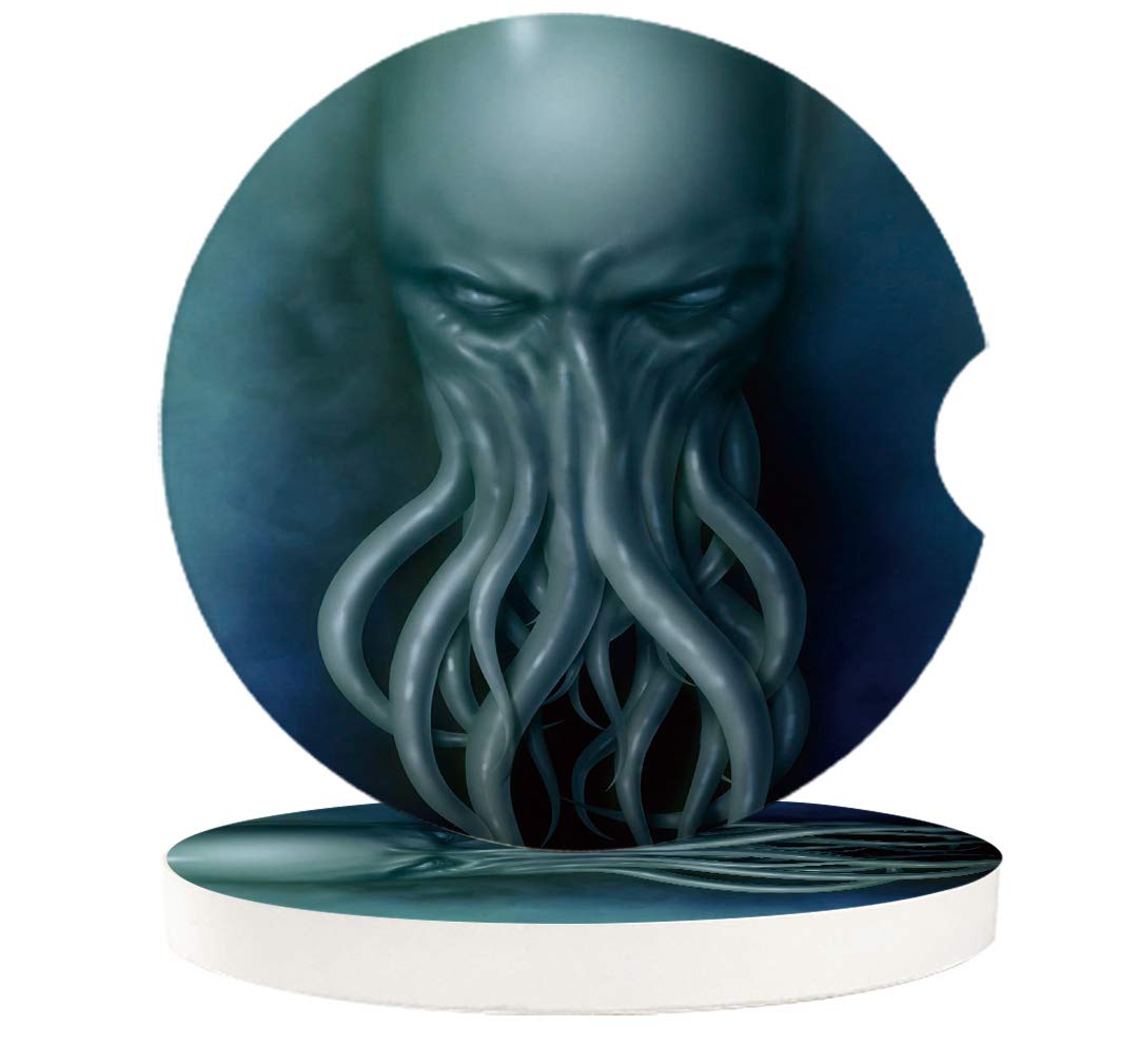 Octopus Blue Kraken Nautical Ceramic Car Coasters (4 Pack) - Absorbent Cup Holders with Finger Notch for Easy Removal - Perfect Car Accessories for Coffee, Drinks & Road Trips