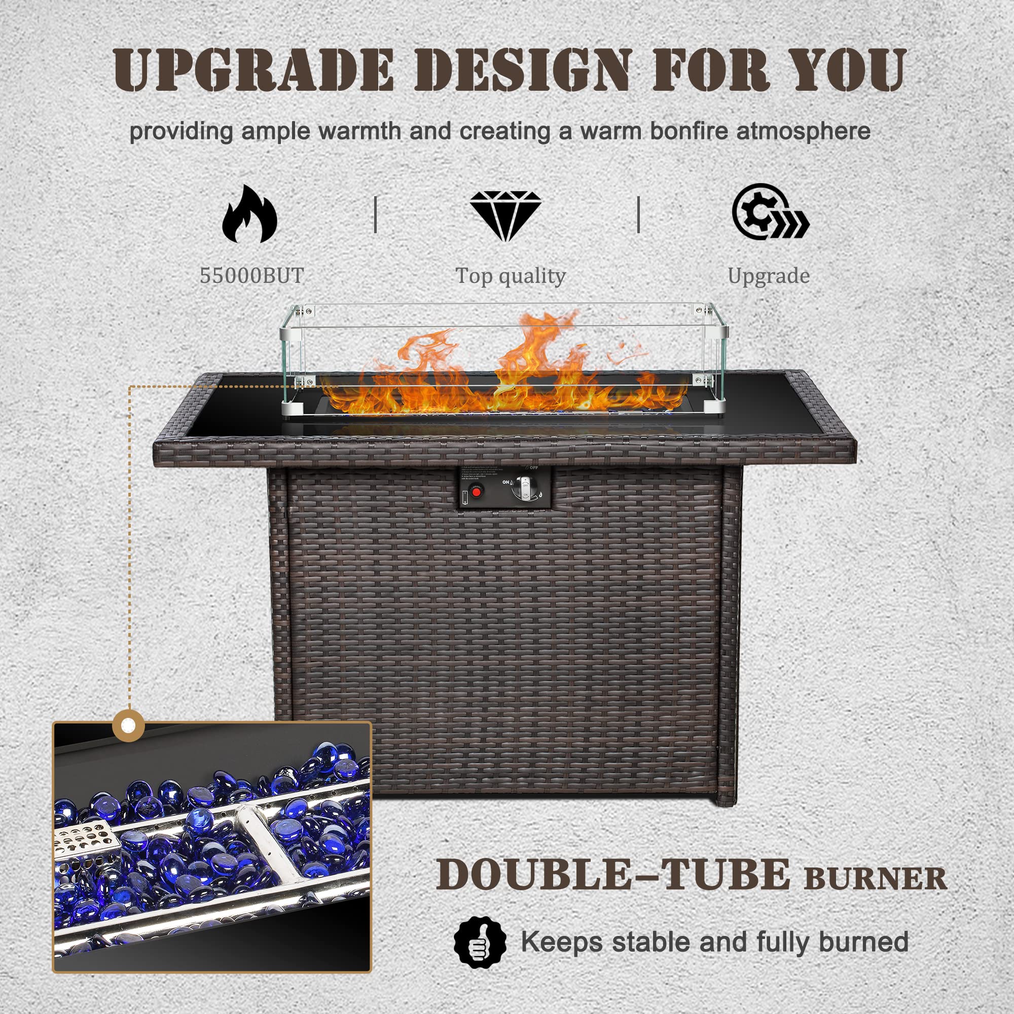 44 Inch 55000 BTU Outdoor Propane Fire Pit Table with Glass Wind Guard - Rectangular Patio Heater for Deck, Backyard, Garden (Brown Glass Top) | Perfect for Outdoor Entertaining, Camping & Cozy Nights
