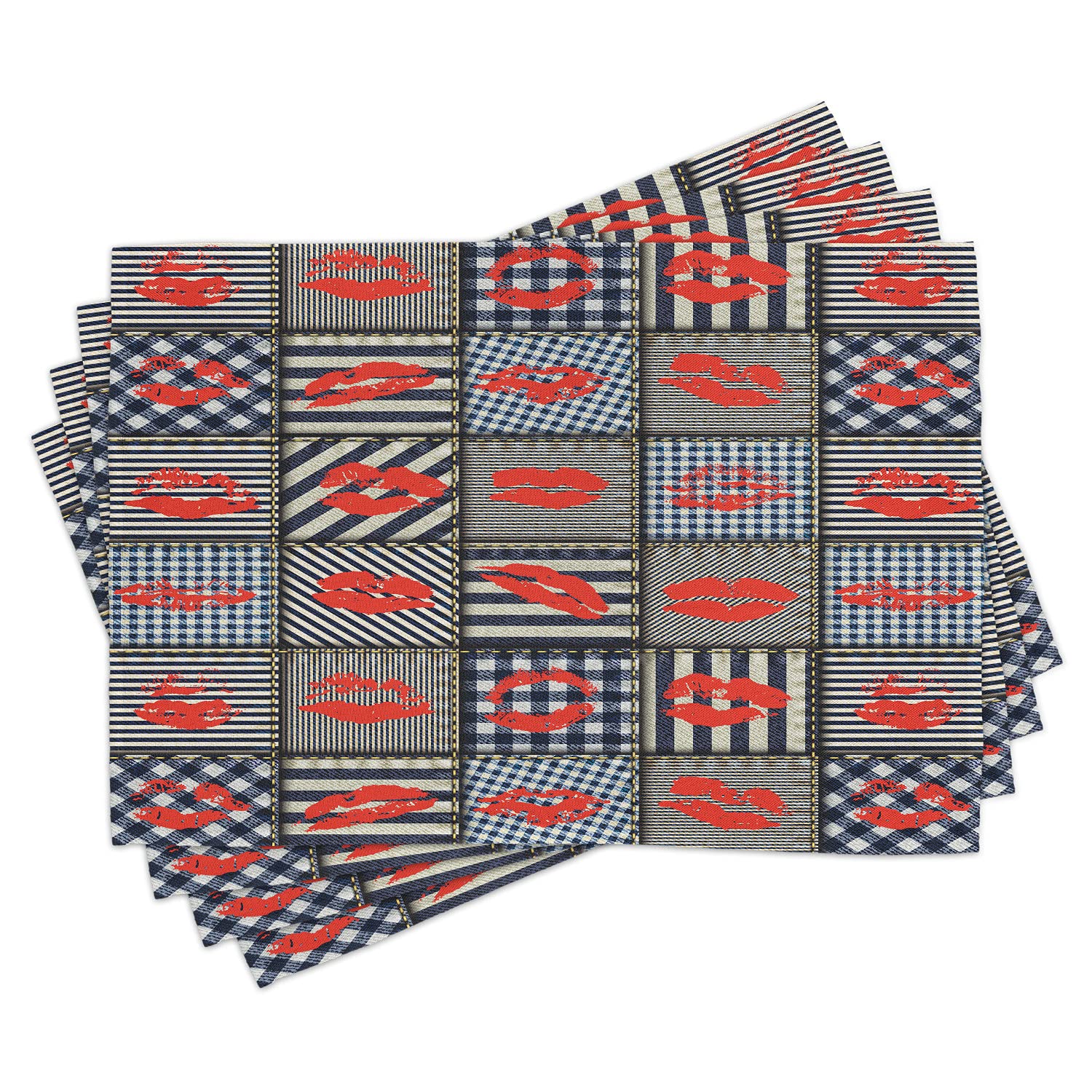 Ambesonne 4-Pack Colorful Place Mats - Stylish Lipstick Kiss & Striped Houndstooth Pattern - Washable Fabric Table Mats for Dining Room & Kitchen Decor (Black/Red) - Perfect for Dinner Parties, Holiday Gatherings & Everyday Meals