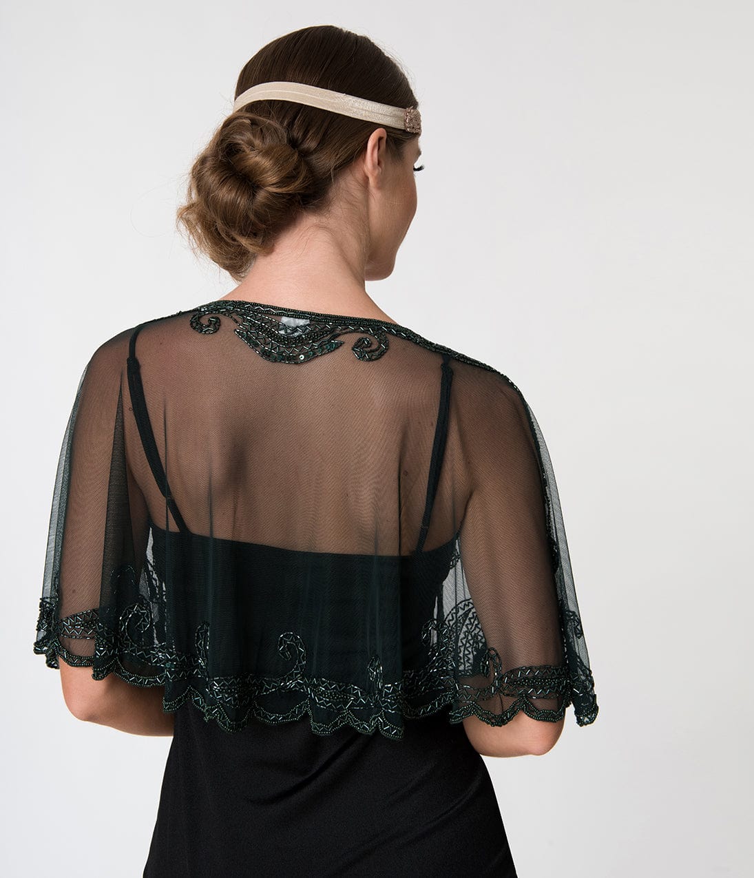 1920s Vintage Style Dark Green & Olive Beaded Sheer Mesh Capelet Shawl - Perfect for Gatsby Parties, Evening Events and Historical Costumes