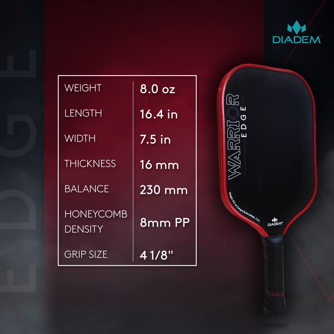 Diadem Warrior Edge Pickleball Paddle - Carbon Fiber Surface for Maximum Spin & Control, 16mm Polymer Core | Perfect for Competitive Play & Tournament Use