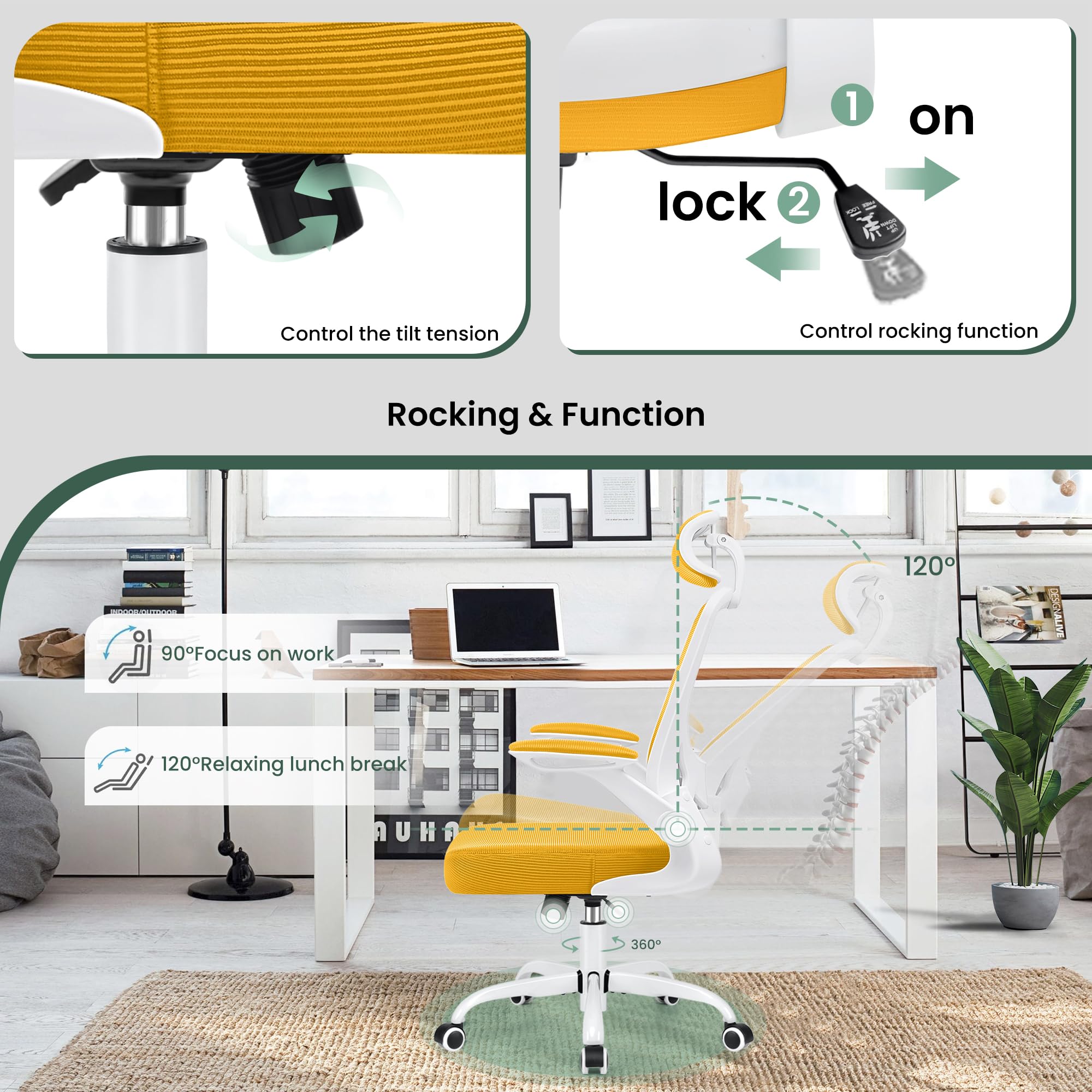 KERDOM Ergonomic Office Chair - Breathable Mesh Desk Chair with Lumbar Support, Adjustable Headrest & Flip-Up Arms - Swivel Task Chair & Height-Adjustable Gaming Chair in Yellow - Perfect for Home Office, Gaming Setup & Workspaces