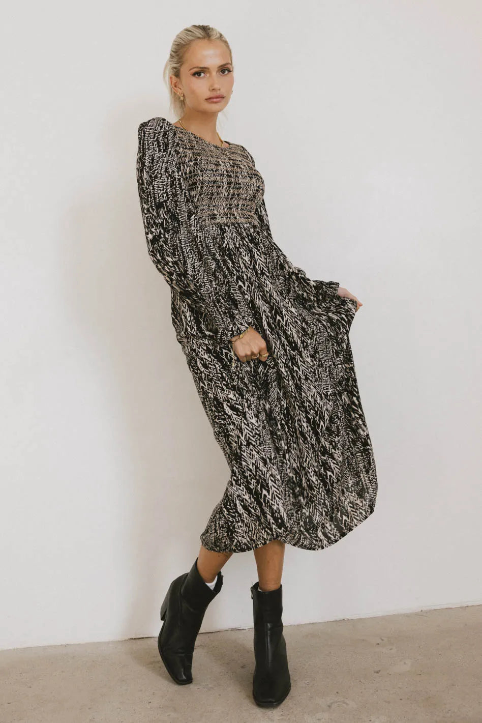 Justice Abstract Print Black Midi Dress - Elegant & Stylish for Casual Outings, Parties & Special Occasions