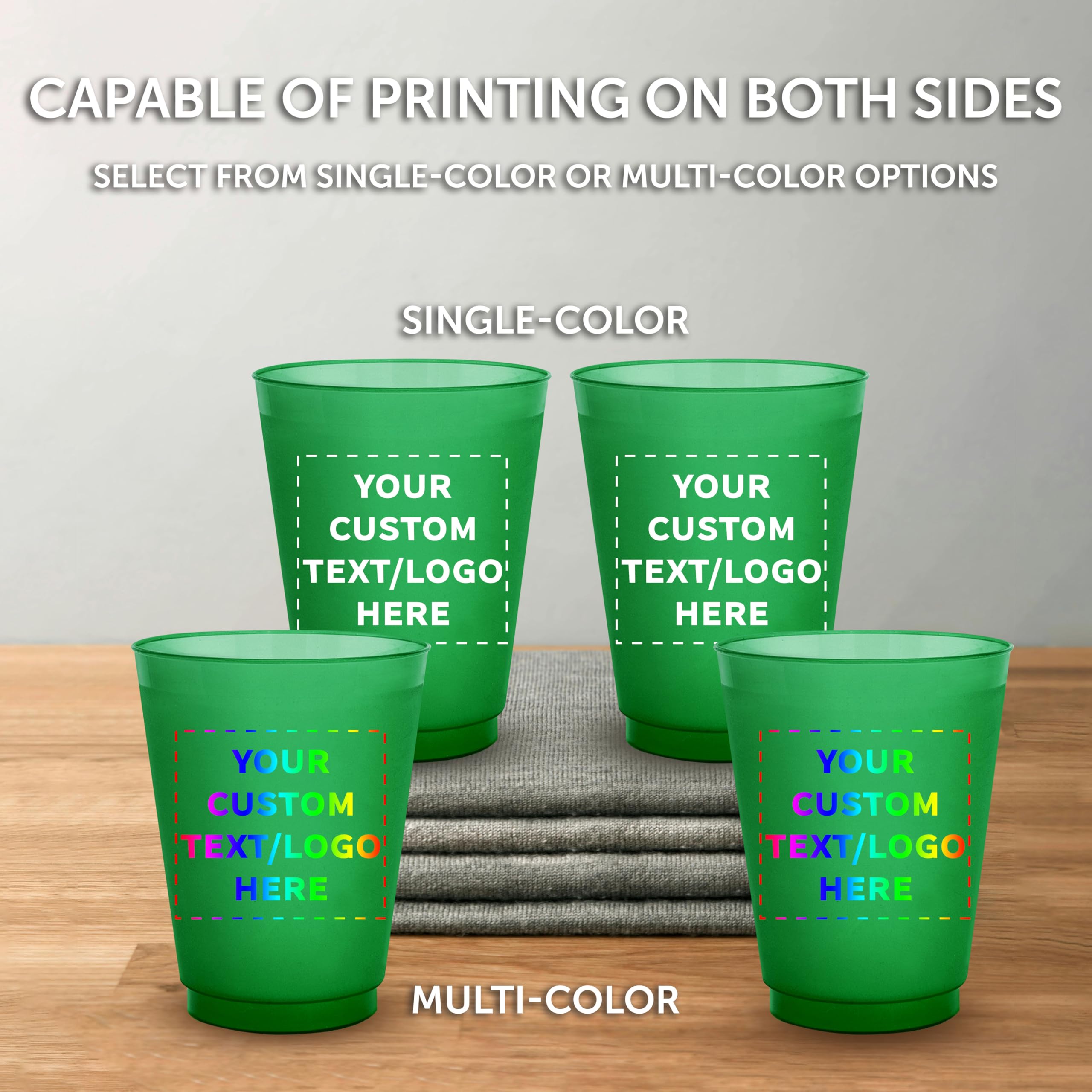 Custom Printed 16 oz Frosted Plastic Stadium Cups - 50 Pack, Shatterproof & Reusable with Promotional Text/Logo - Perfect for Parties, Tailgating, and Outdoor Events (Green)