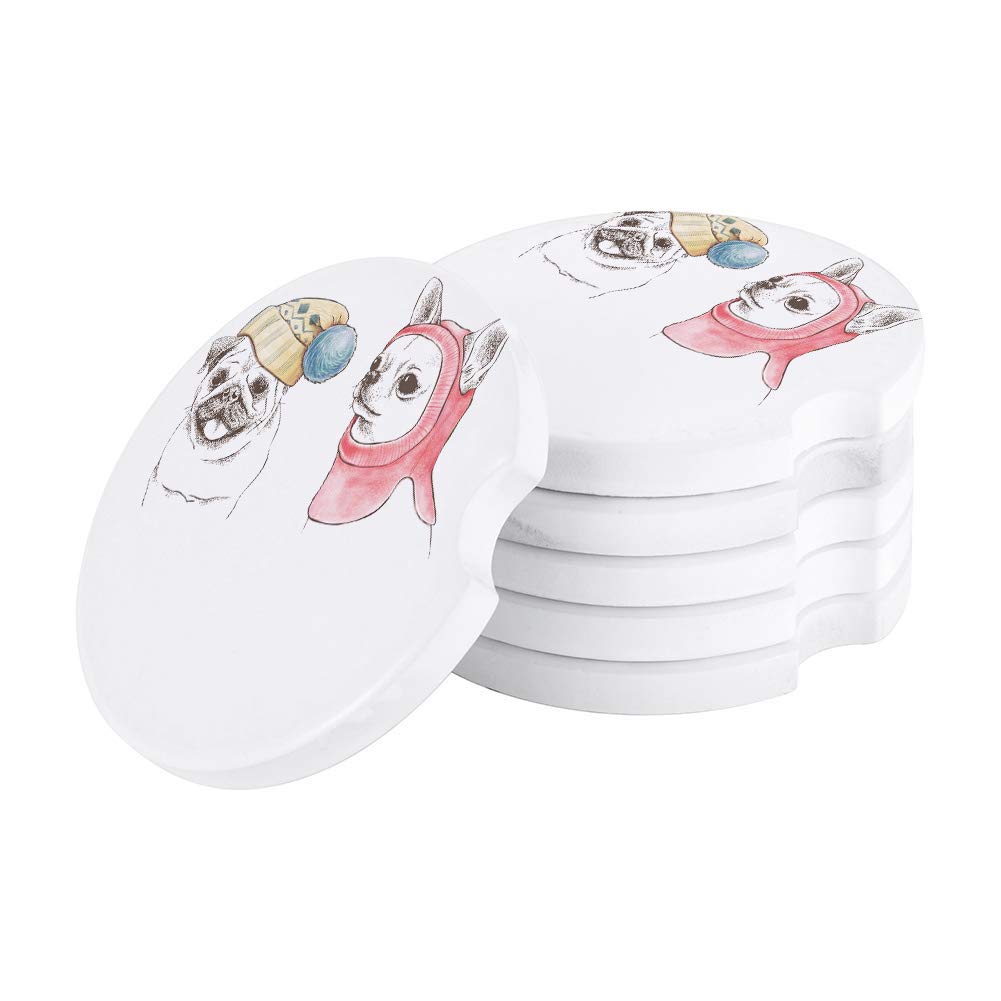 6-Pack Ceramic Car Cup Coasters for Dogs - Absorbent Pet-Themed Coasters with Finger Notch for Easy Removal, Featuring Adorable Pugs & Chihuahuas in Outfits - Perfect for Car, Office, and Home Use