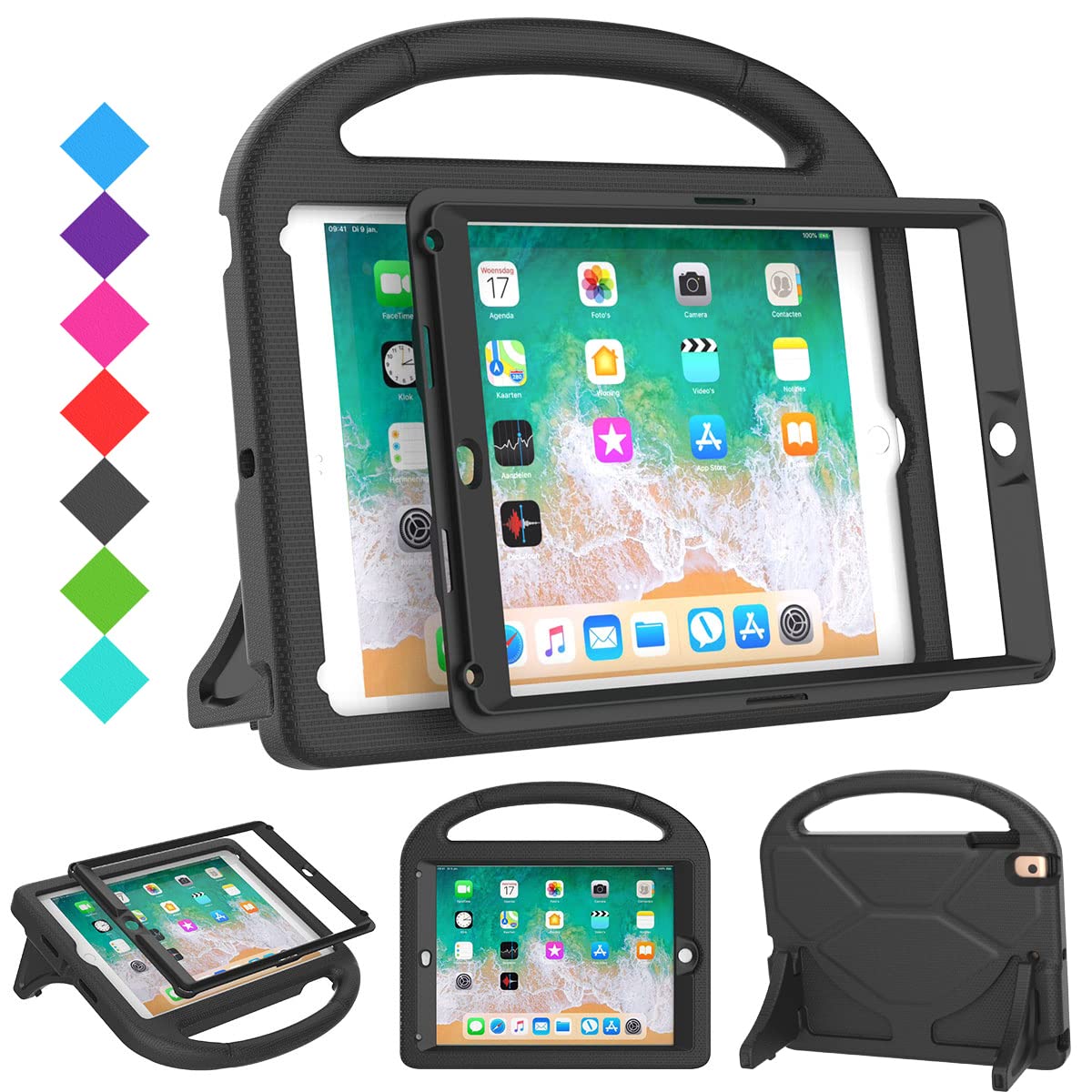 SUPLIK Kids Shockproof iPad Case for iPad 5th/6th Generation (9.7 inch, 2017/2018), iPad Air 2/1 & iPad Pro 9.7 - Durable Protective Cover with Handle Stand & Built-in Screen Protector - Perfect for School, Travel & Home Use - Black