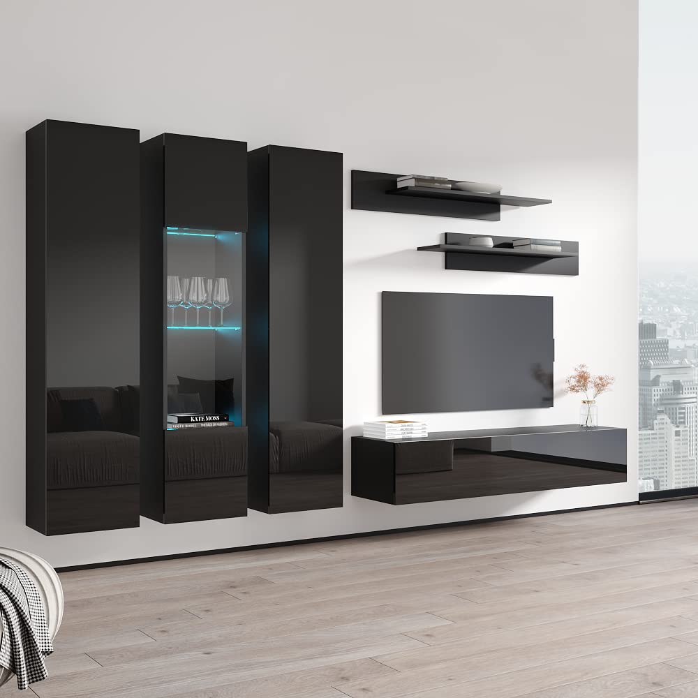 Modern Floating TV Stand with Storage & LED Lights - Wall-Mounted Entertainment Center for Bedroom & Living Room - 30 Inch TV Console with Shelves - Black - Perfect for Small Spaces & Home Theater Setup