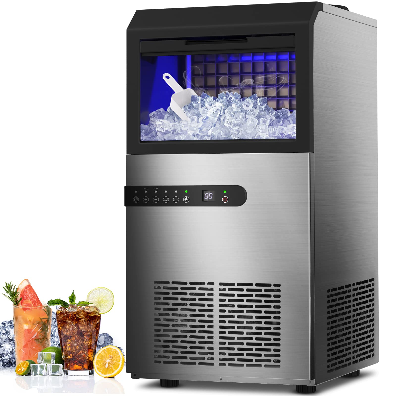 Commercial Ice Maker Machine 100lbs/24H - Stainless Steel Undercounter Ice Machine with 45 Ice Cubes per Cycle, Dual Water Inlet Modes, Self-Cleaning, 24H Timer - Perfect for Bars, Coffee Shops, Restaurants & Commercial Kitchens