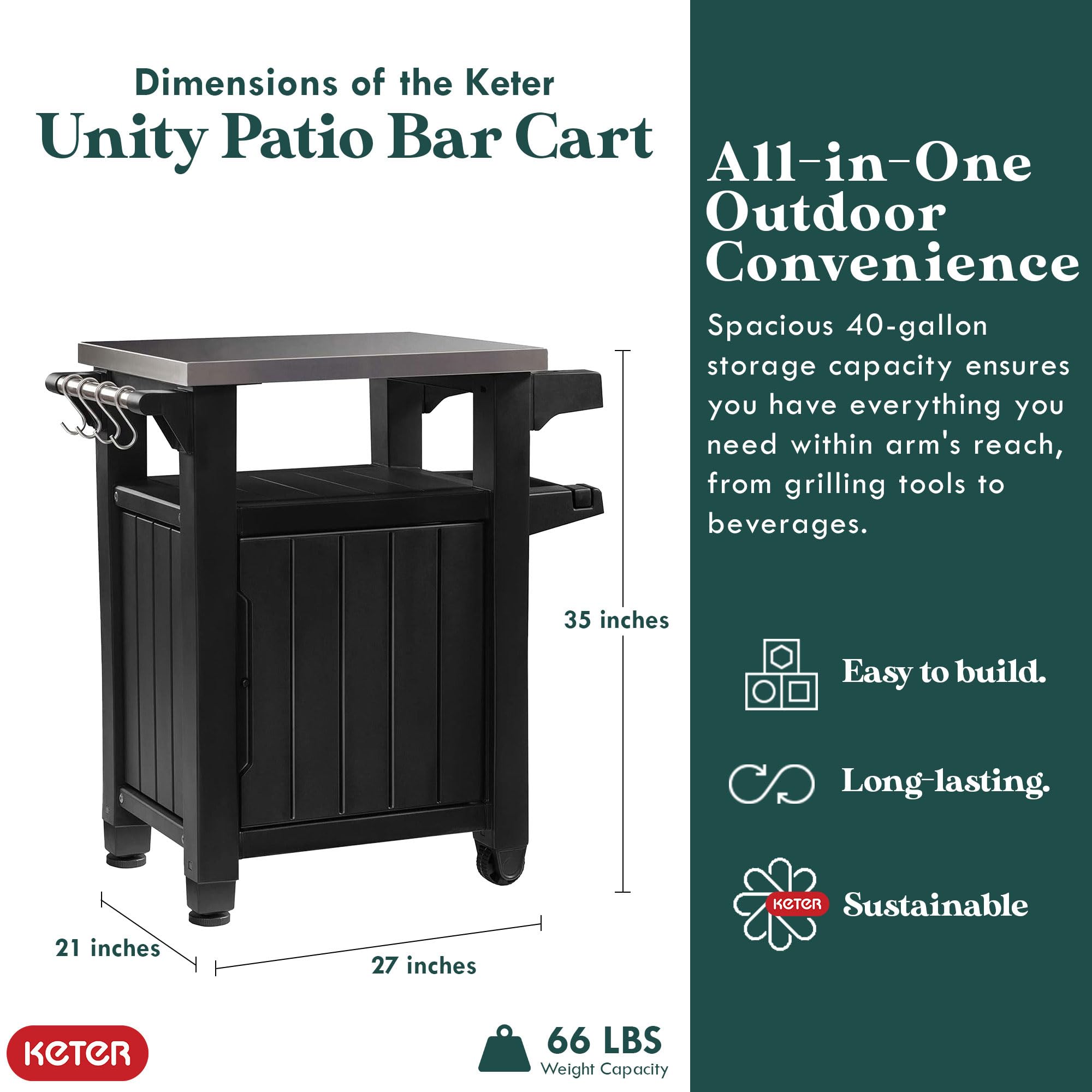 Keter Unity 40 Gallon Outdoor Grill Cart with Stainless Steel Top & 37 Gallon Round Deck Box - Brown Patio Storage Table with Seating for Backyard, Garden, and BBQ Parties