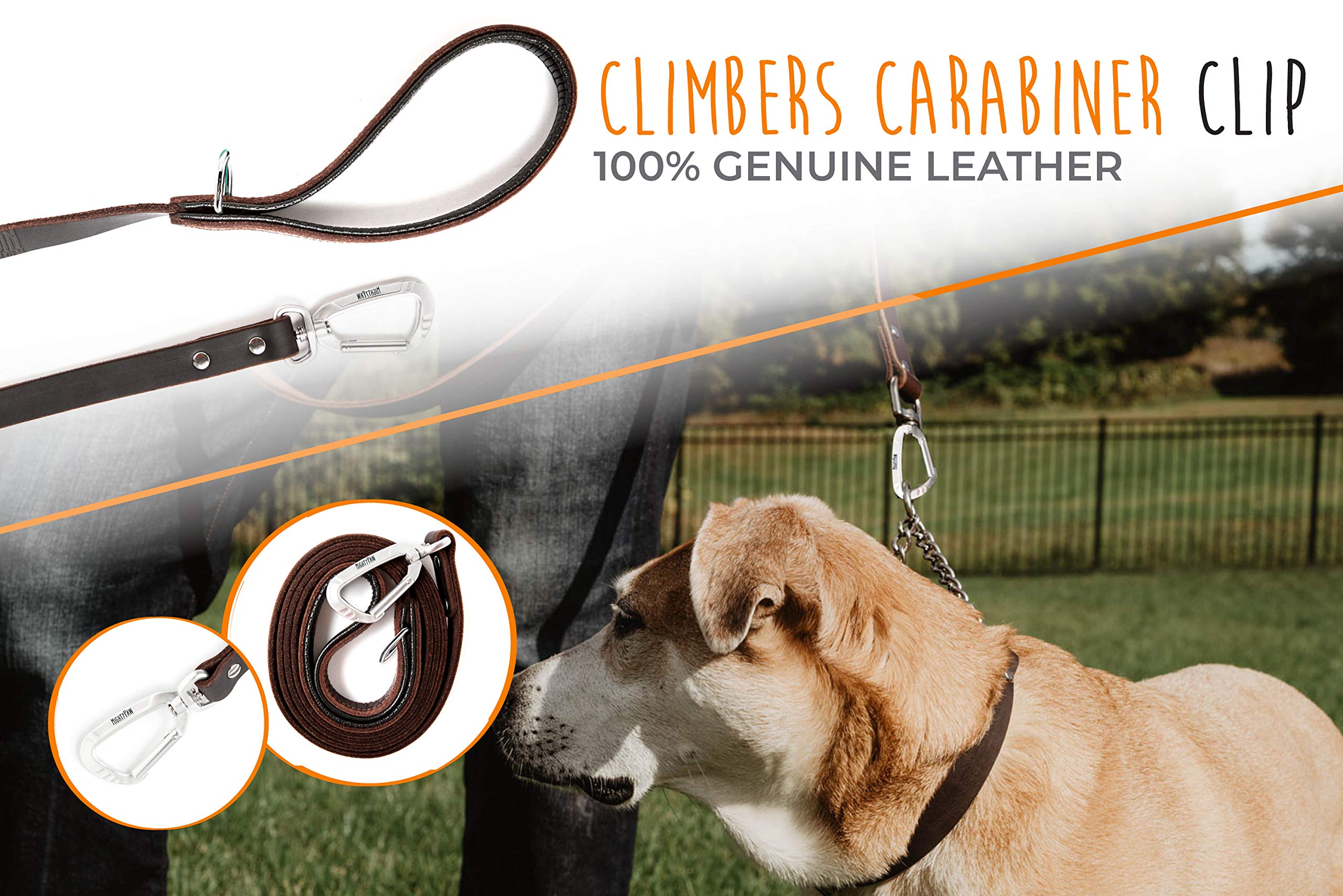 Premium Leather Dog Leash for Large Breeds - 6FT Heavy Duty Padded Handle Leash with D-Ring for Waste Bags & Secure Climbers Clip - Durable Brown Leather Dog Lead - Perfect for Walking, Training & Outdoor Adventures with Your Big Dog