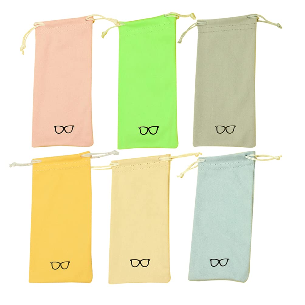 HEALLILY 6-Pack Microfiber Eyeglass Pouches - Drawstring Sunglasses Storage Bags for Glasses, Screens & Small Items - Mixed Colors (Perfect for Travel, Office & Home Organization)